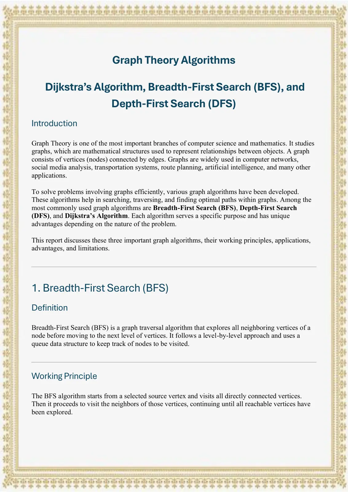 غلاف تقرير Graph Theory Algorithms: Dijkstra's Algorithm, Breadth-First Search (BFS), and Depth-First Search (DFS)
