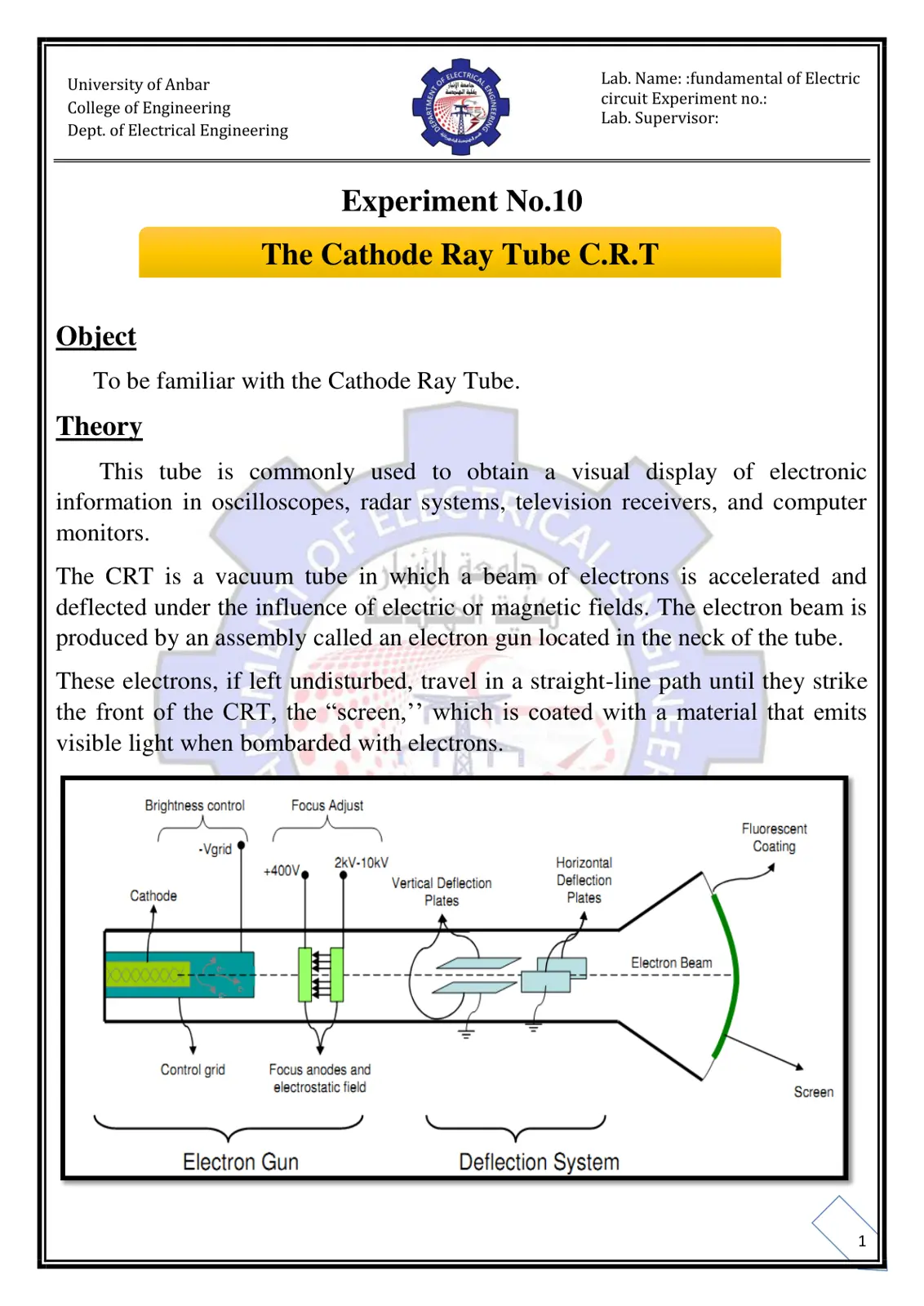 غلاف تقرير Fundamental of Electric Circuit - The Cathode Ray Tube C.R.T