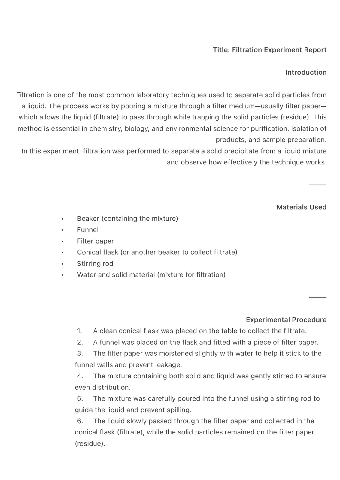 غلاف تقرير Filtration Experiment Report