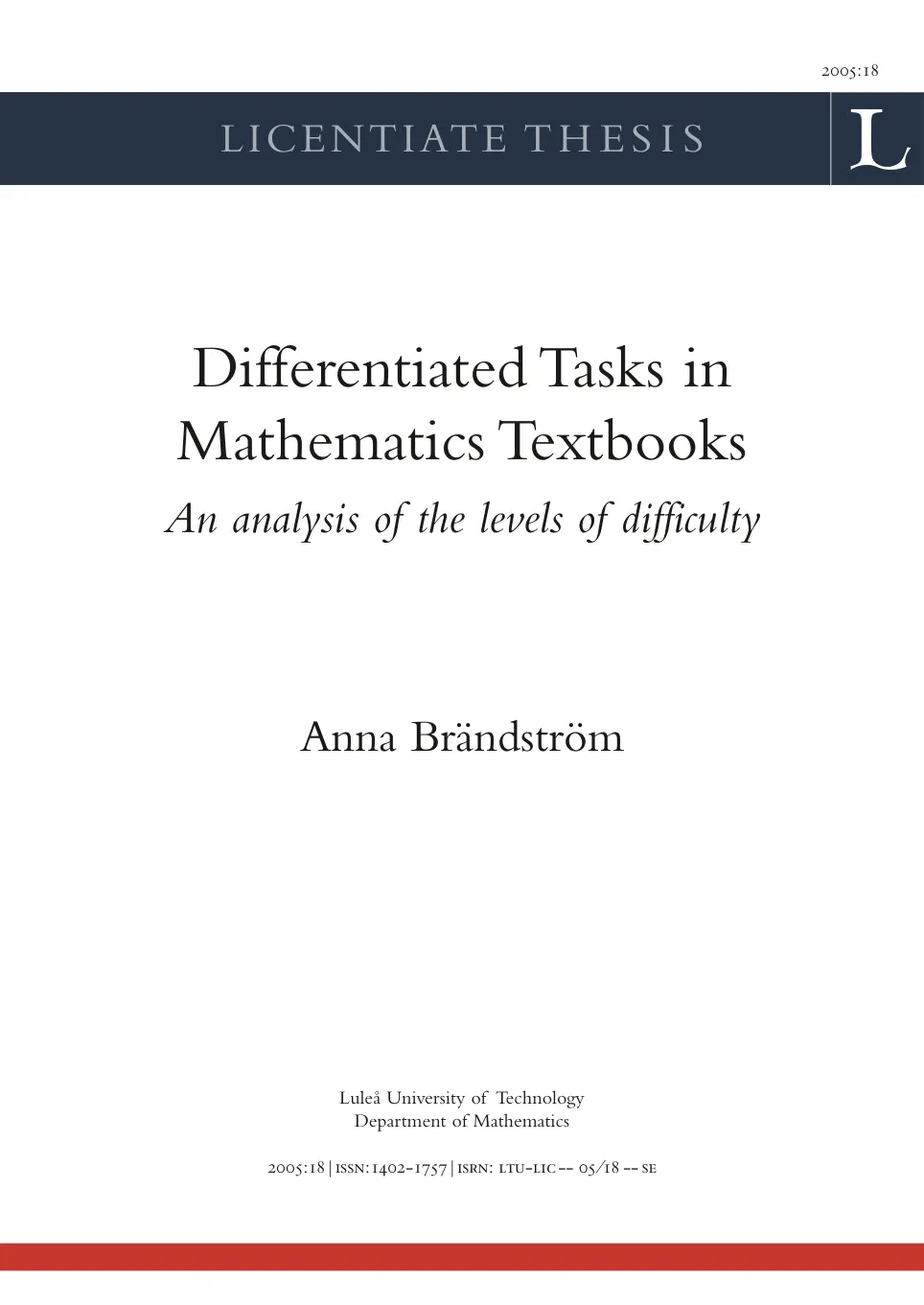 غلاف تقرير Differentiated Tasks in Mathematics Textbooks: An analysis of the levels of difficulty