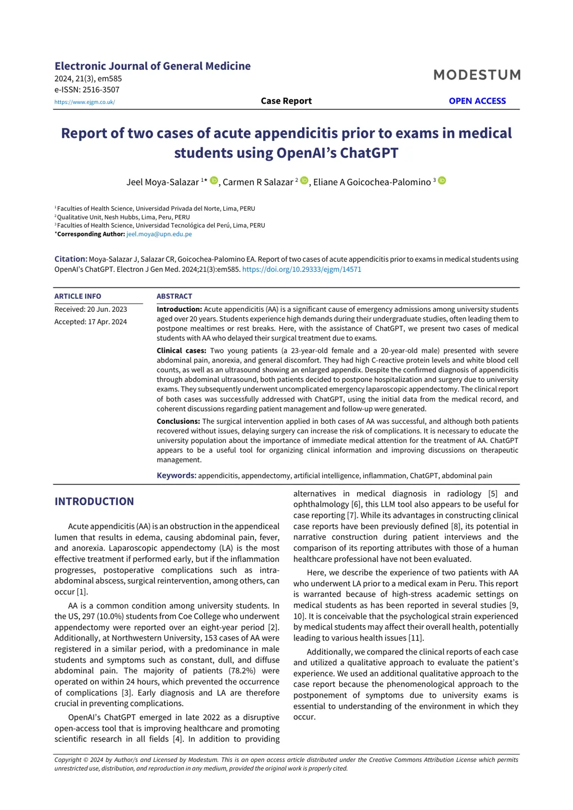 غلاف تقرير Report of two cases of acute appendicitis prior to exams in medical students using OpenAI's ChatGPT