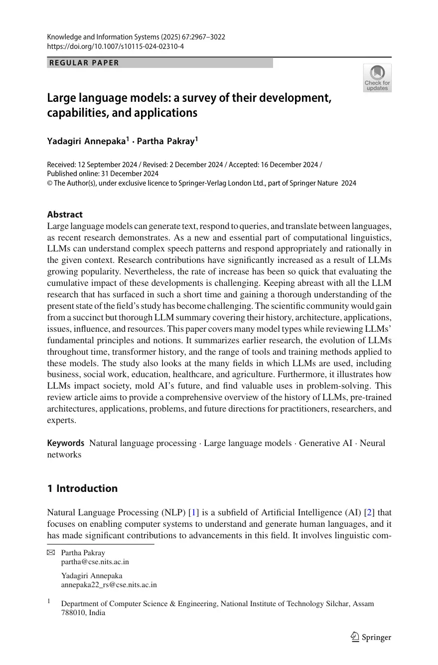 غلاف تقرير Large language models: a survey of their development, capabilities, and applications