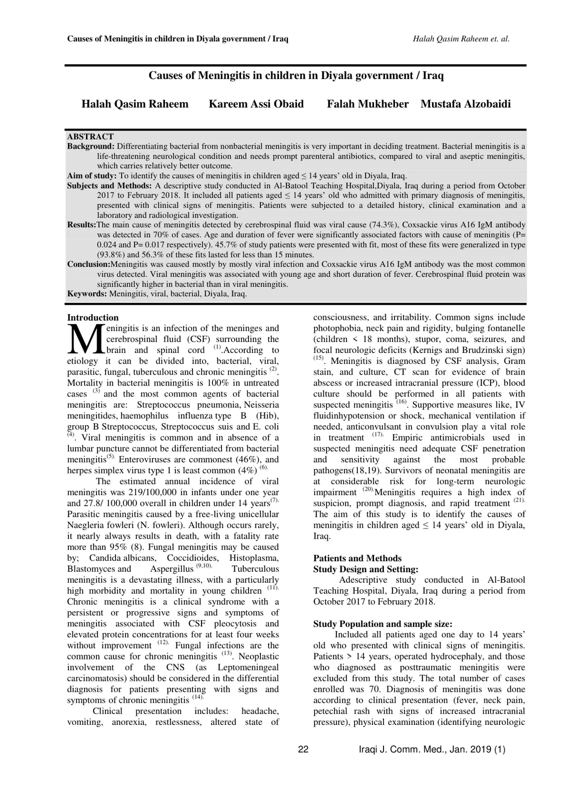 غلاف تقرير Causes of Meningitis in children in Diyala government / Iraq