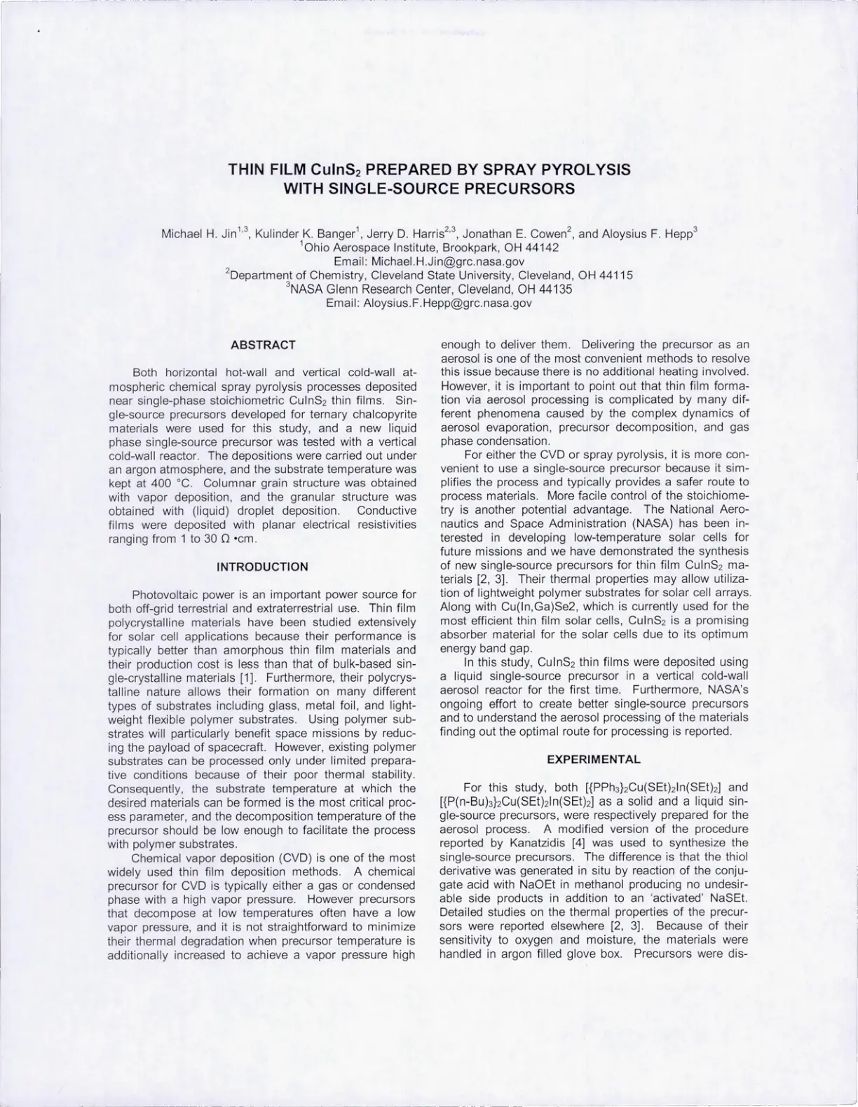 غلاف تقرير Thin Film CuInS2 Prepared by Spray Pyrolysis with Single-Source Precursors
