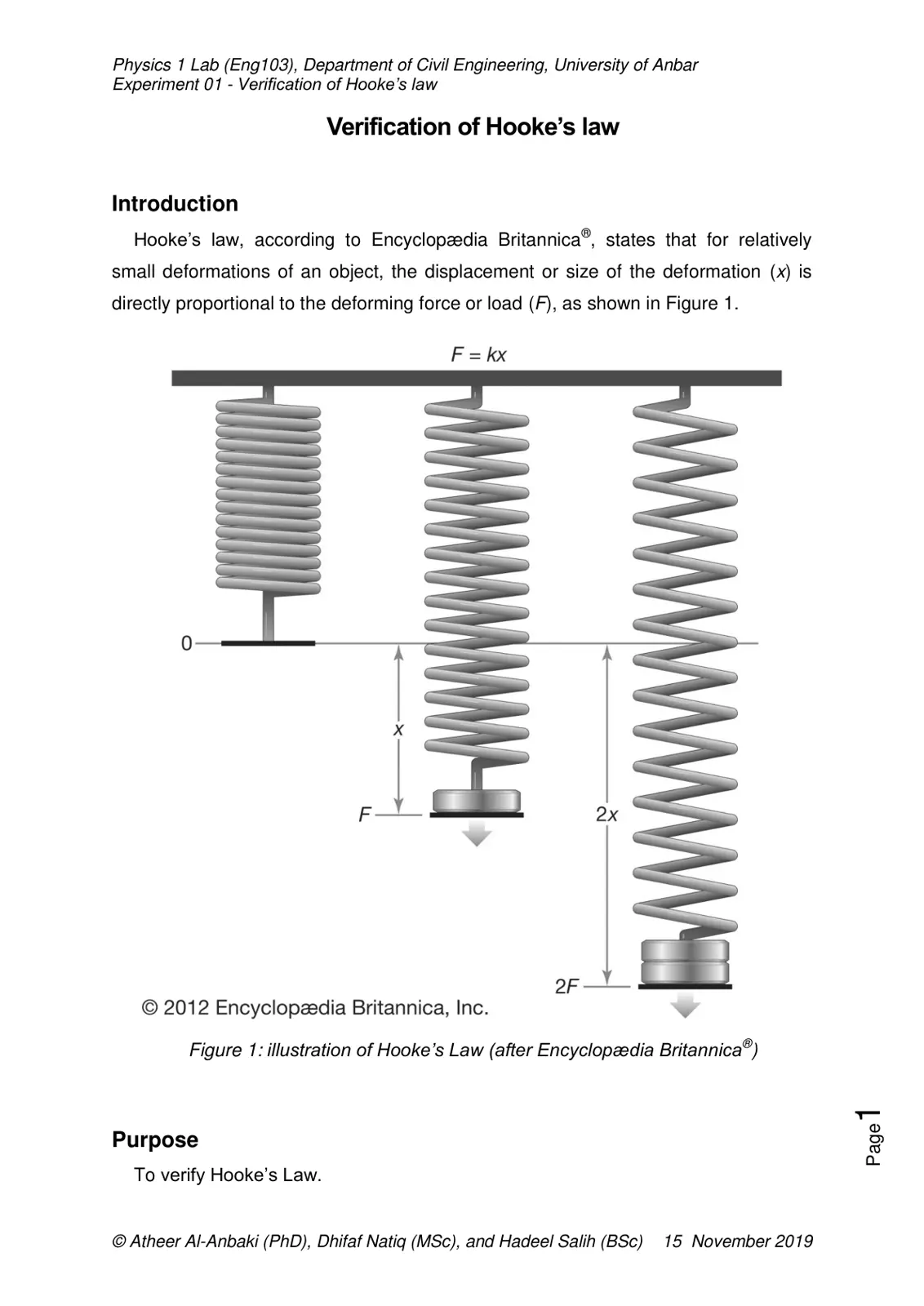 غلاف تقرير Experiment 01 - Verification of Hooke's law