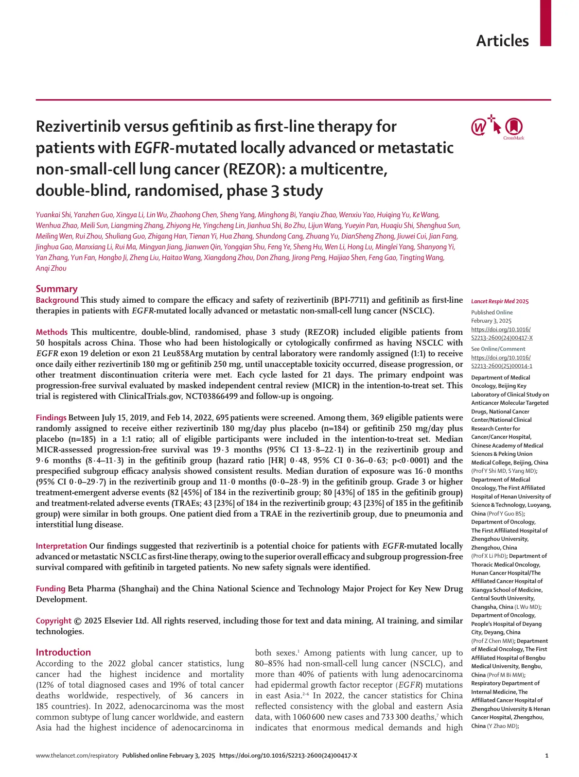 غلاف تقرير Rezivertinib versus gefitinib as first-line therapy for patients with EGFR-mutated locally advanced or metastatic non-small-cell lung cancer (REZOR): a multicentre, double-blind, randomised, phase 3 study