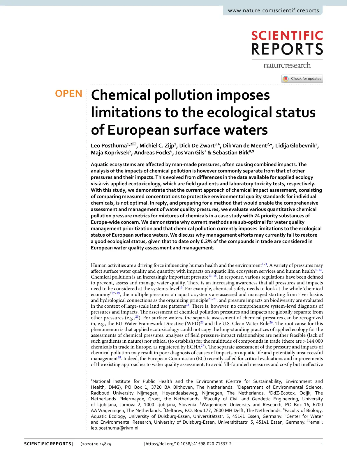 غلاف تقرير Chemical pollution imposes limitations to the ecological status of European surface waters