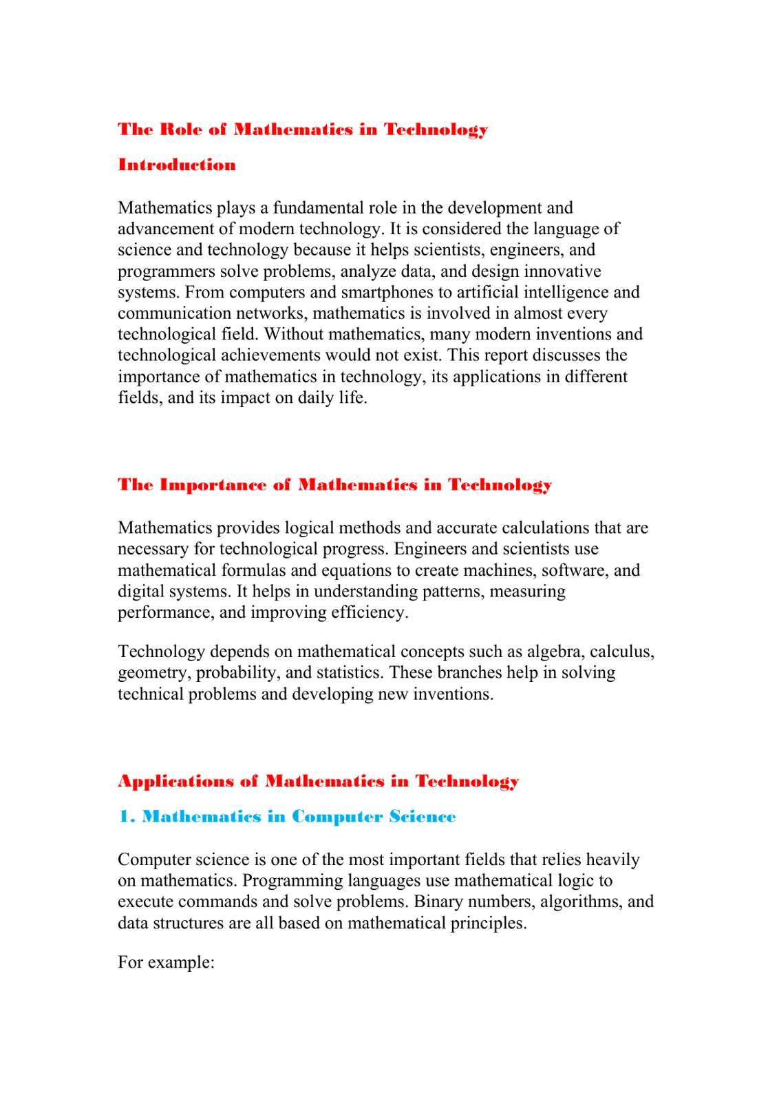 غلاف تقرير The Role of Mathematics in Technology