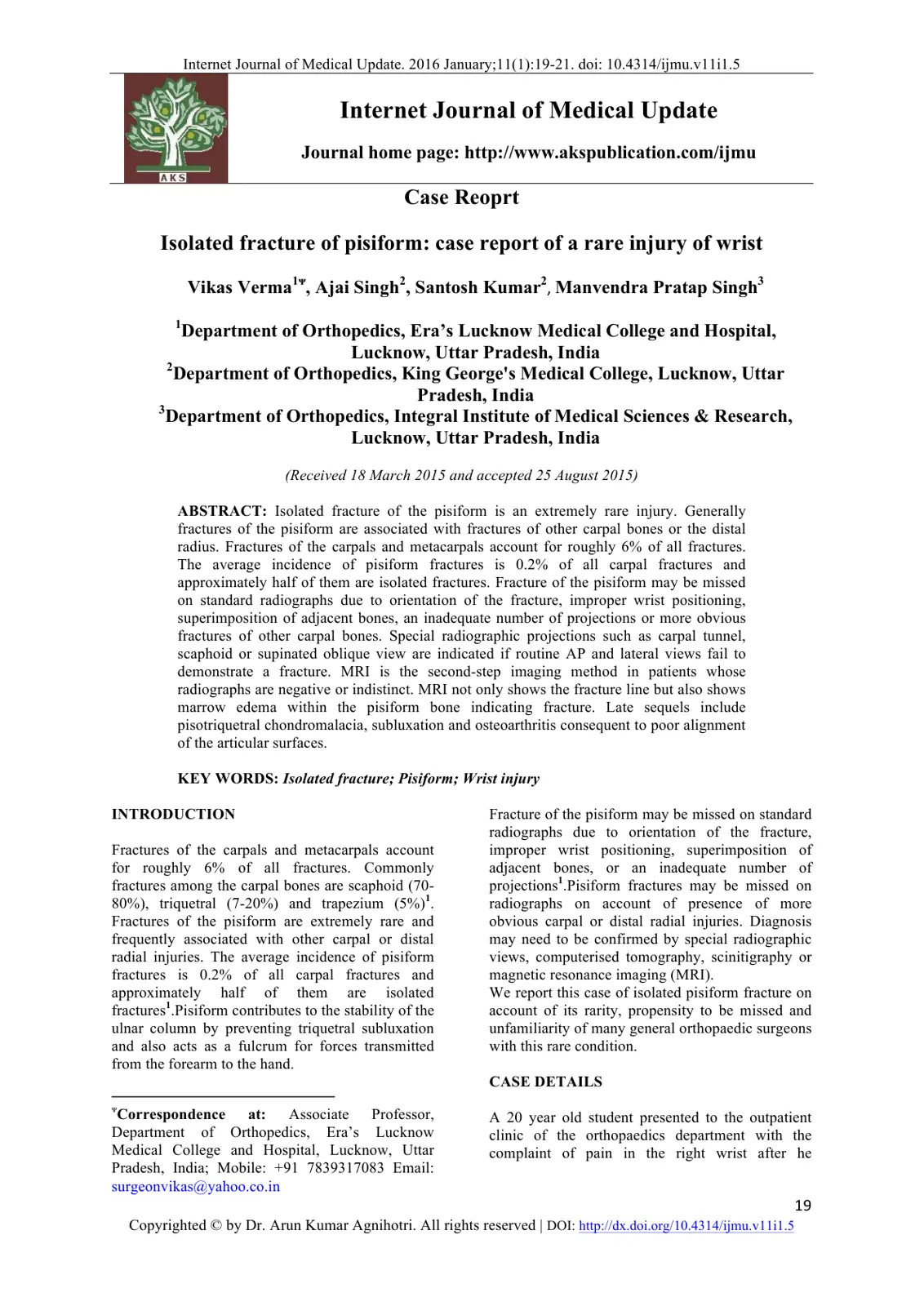 غلاف تقرير Isolated fracture of pisiform: case report of a rare injury of wrist