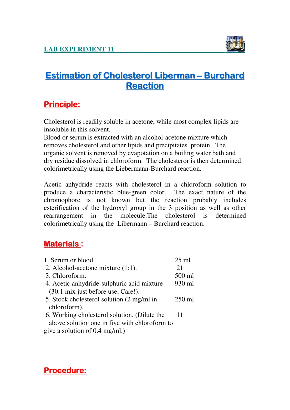 غلاف تقرير LAB EXPERIMENT 11 Estimation of Cholesterol Liebermann – Burchard Reaction