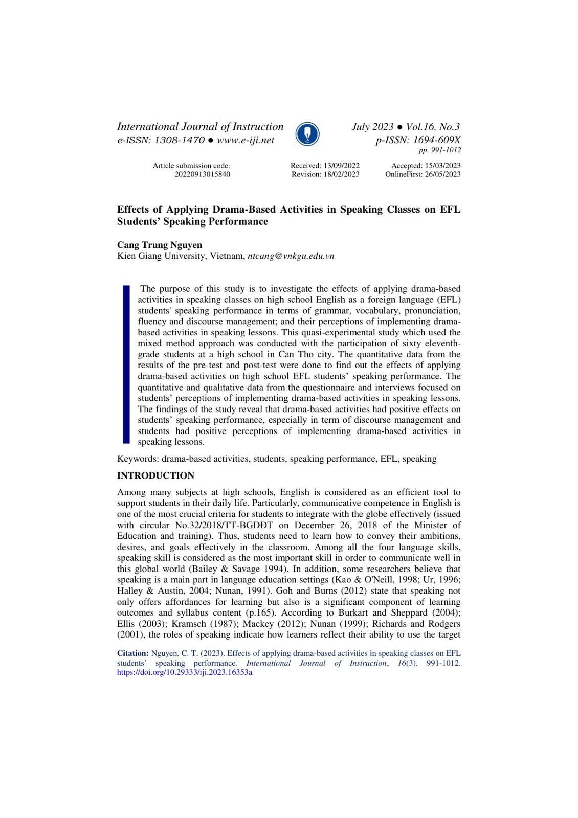 غلاف تقرير Effects of Applying Drama-Based Activities in Speaking Classes on EFL Students' Speaking Performance