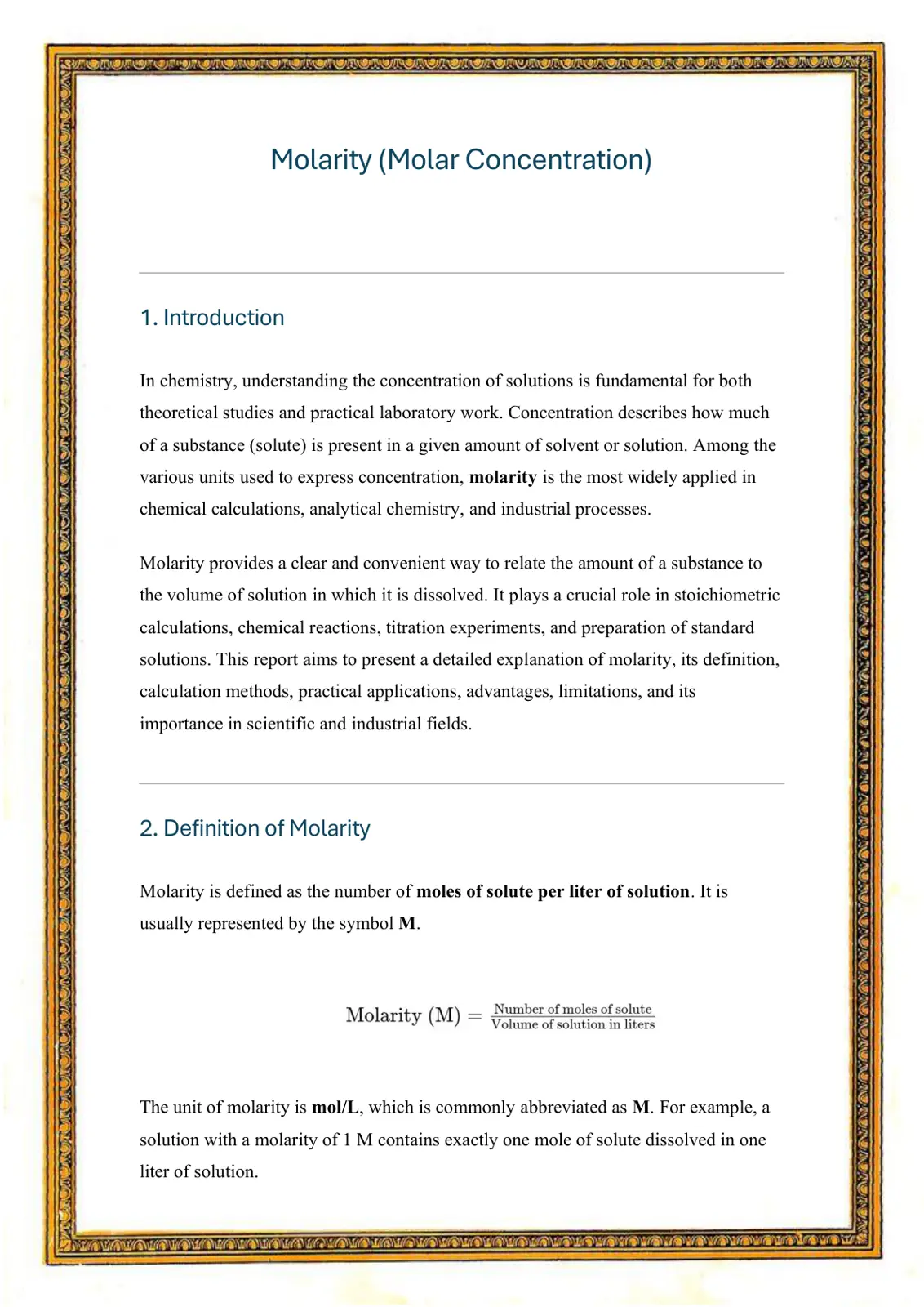 غلاف تقرير Molarity (Molar Concentration)