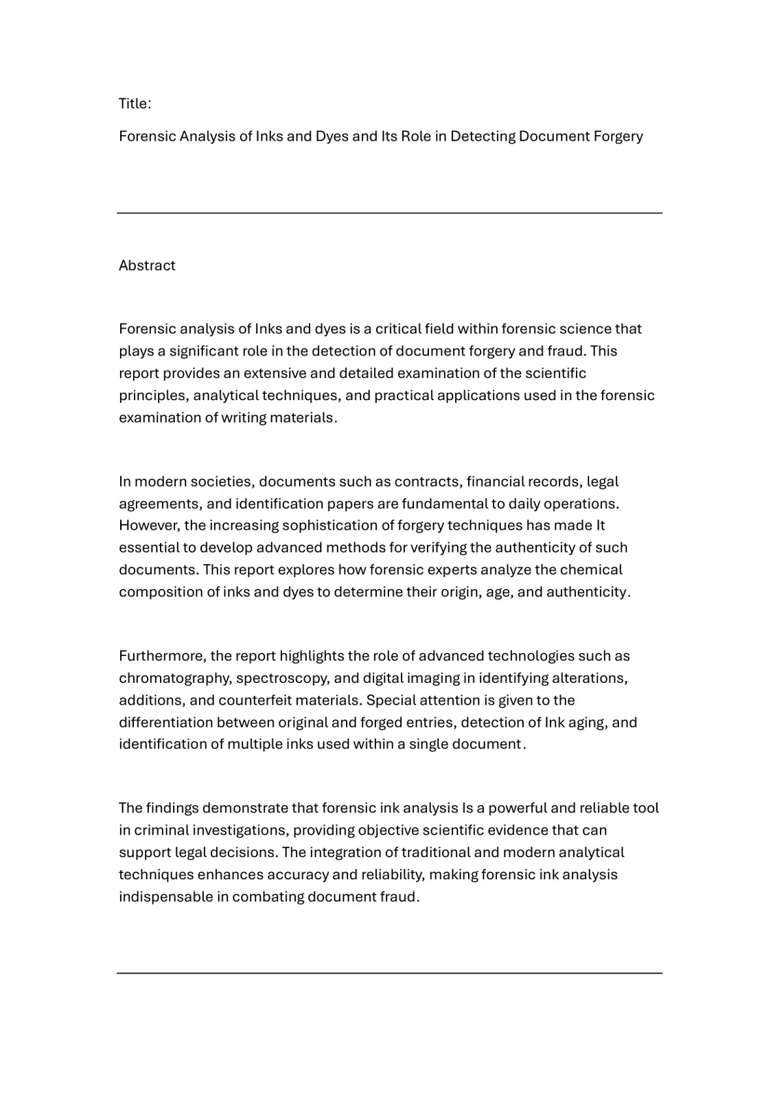 غلاف تقرير Forensic Analysis of Inks and Dyes and Its Role in Detecting Document Forgery