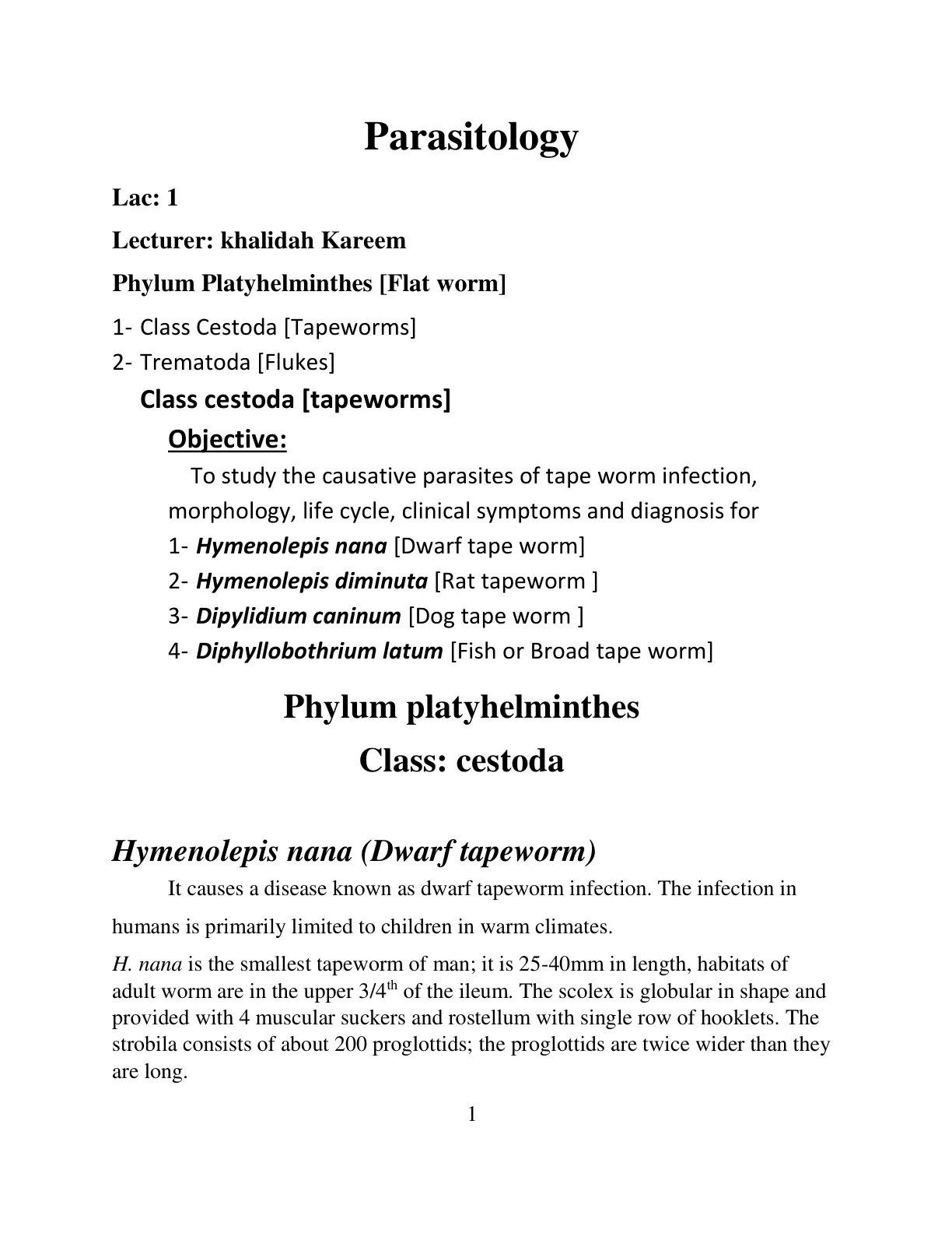 غلاف تقرير Parasitology Lect: 1