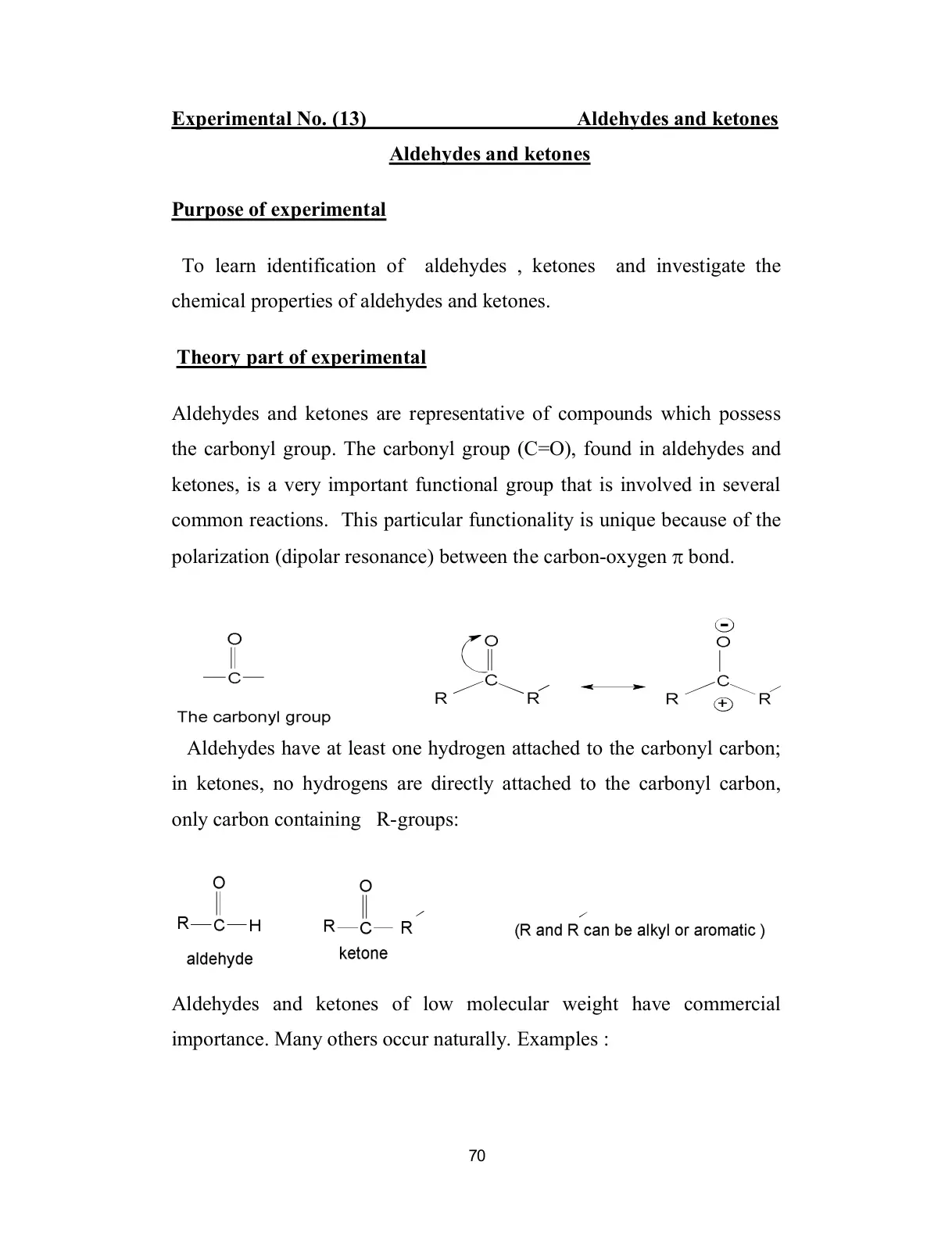 غلاف تقرير Experimental No. (13) Aldehydes and ketones