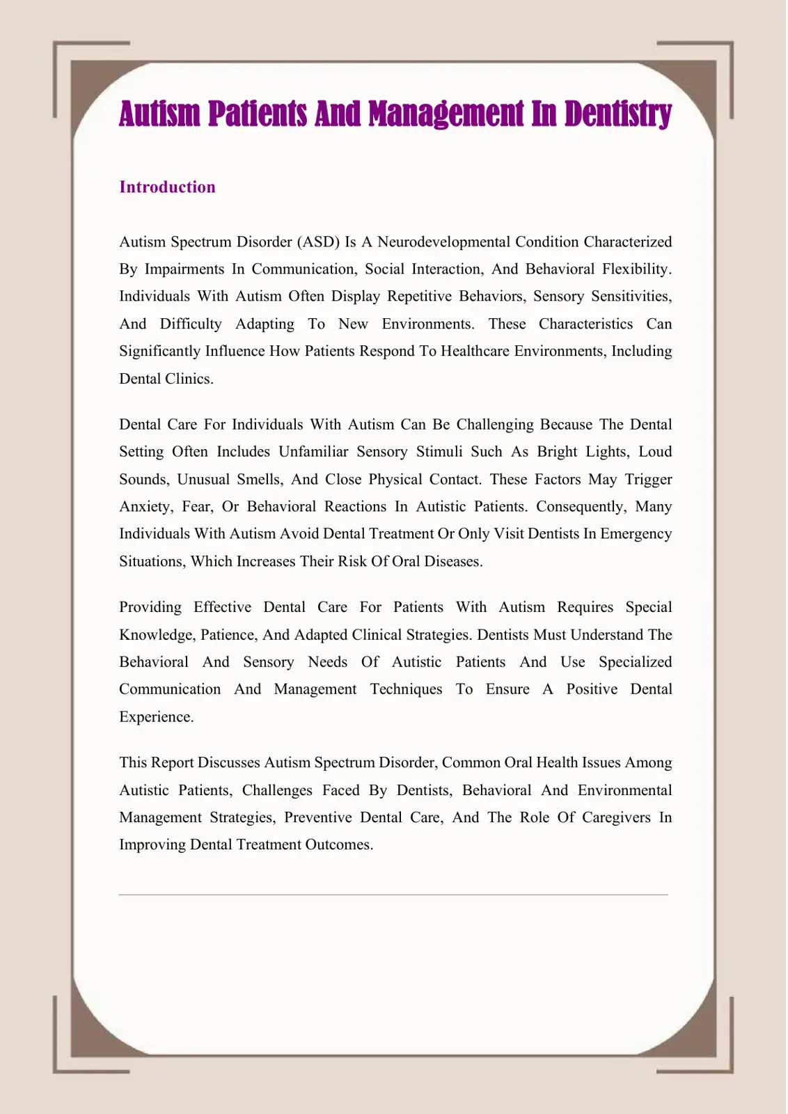 غلاف تقرير Autism Patients And Management In Dentistry