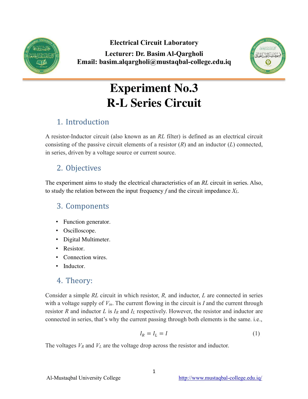 غلاف تقرير Experiment No.3 R-L Series Circuit