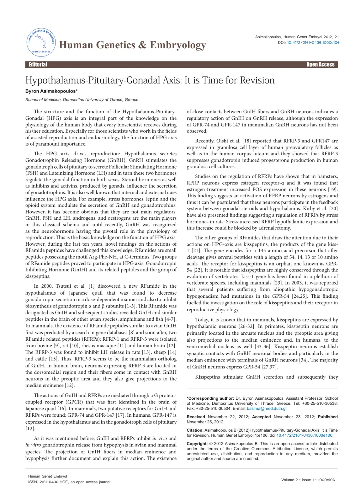 غلاف تقرير Human Genetics & Embryology: Hypothalamus-Pituitary-Gonadal Axis