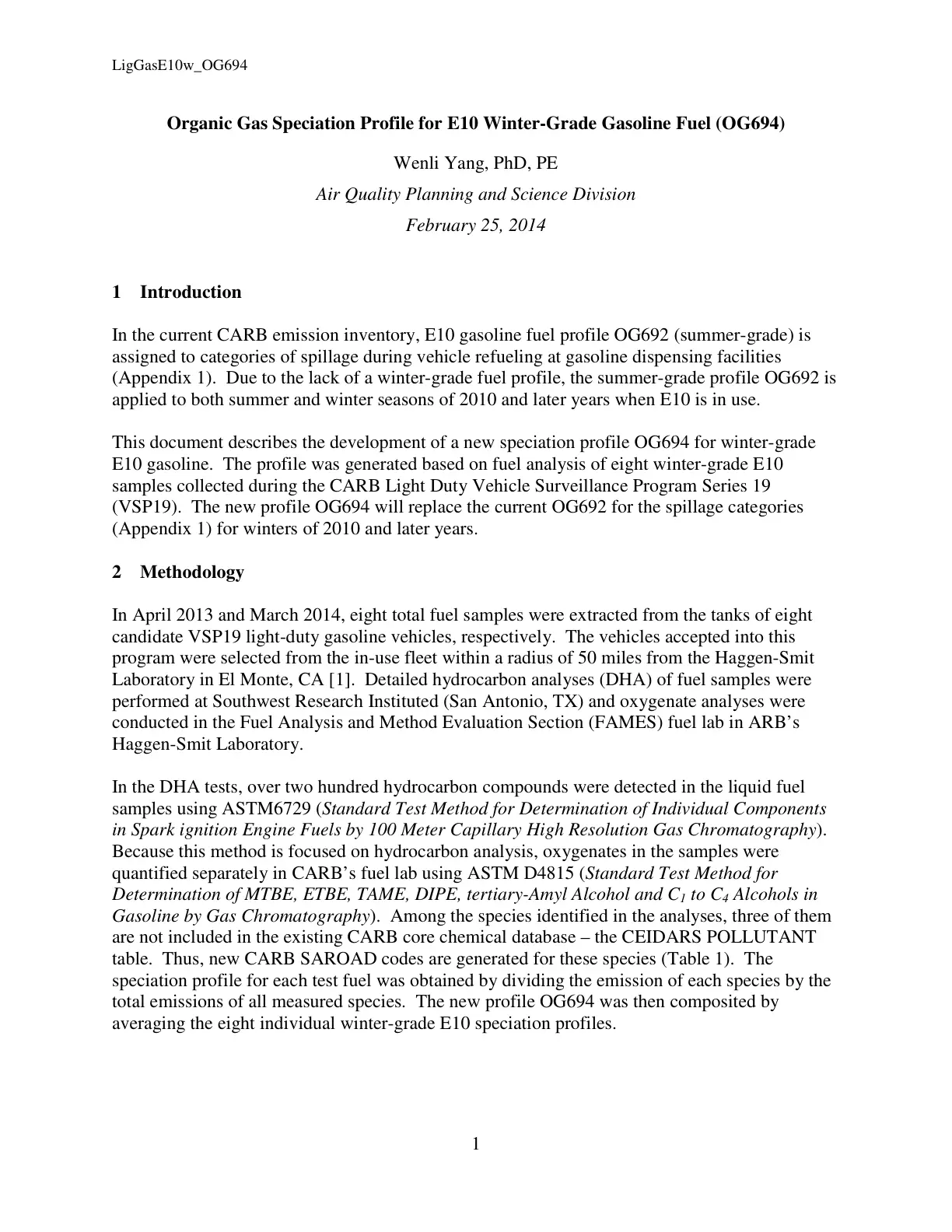 غلاف تقرير Organic Gas Speciation Profile for E10 Winter-Grade Gasoline Fuel (OG694)