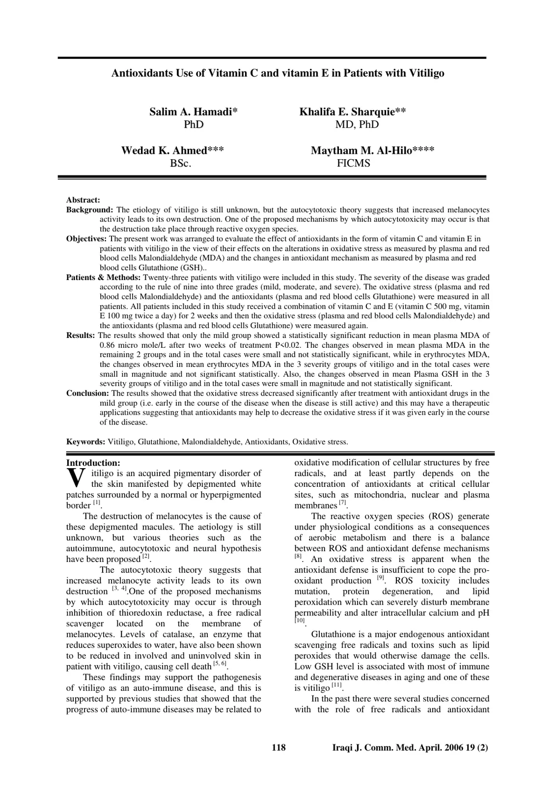 غلاف تقرير Antioxidants Use of Vitamin C and Vitamin E in Patients with Vitiligo