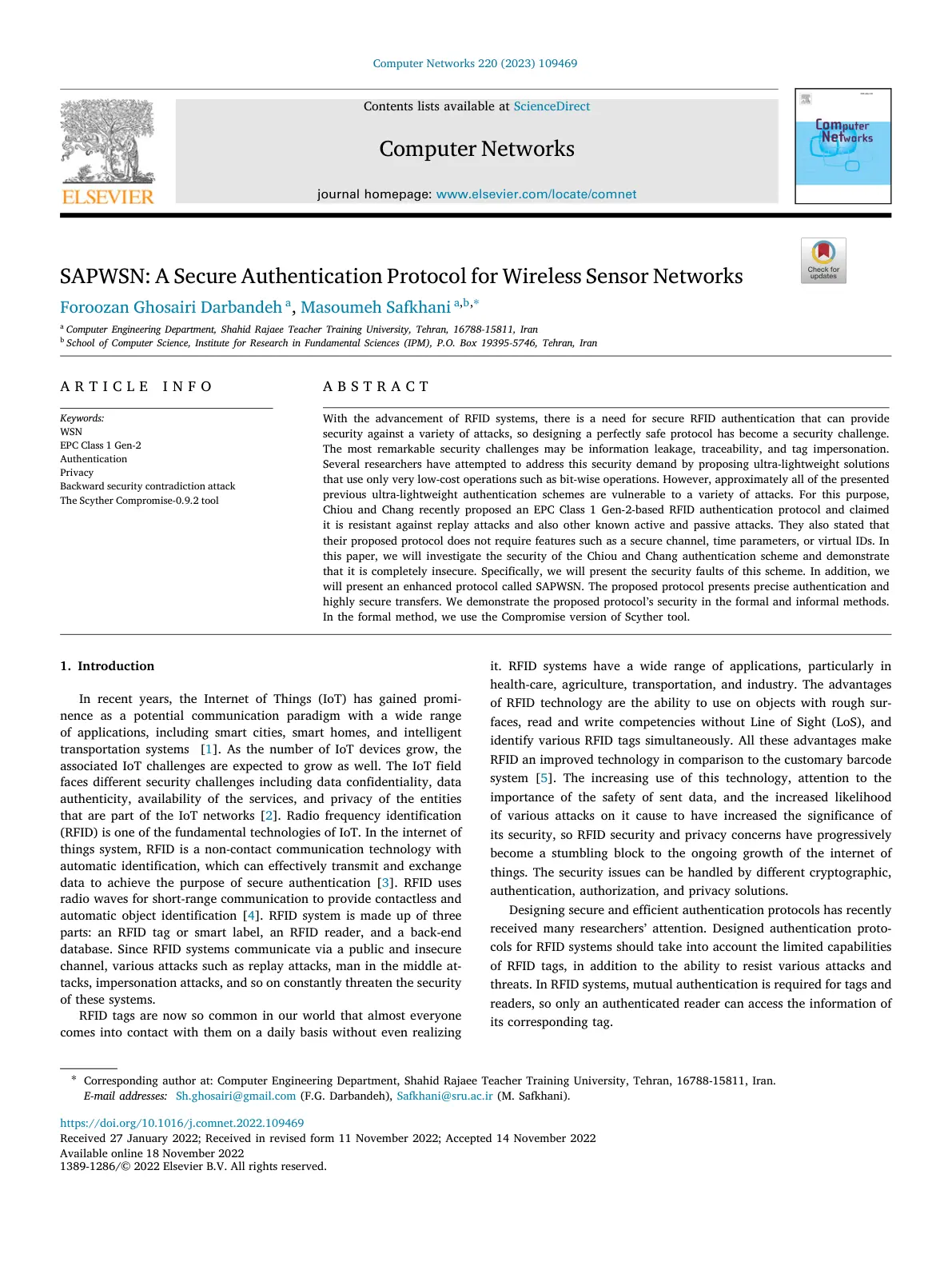 غلاف تقرير SAPWSN: A Secure Authentication Protocol for Wireless Sensor Networks