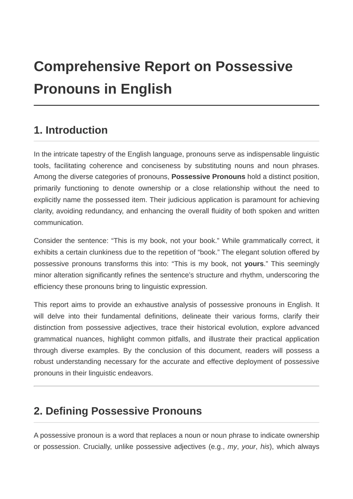 غلاف تقرير Comprehensive Report on Possessive Pronouns in English