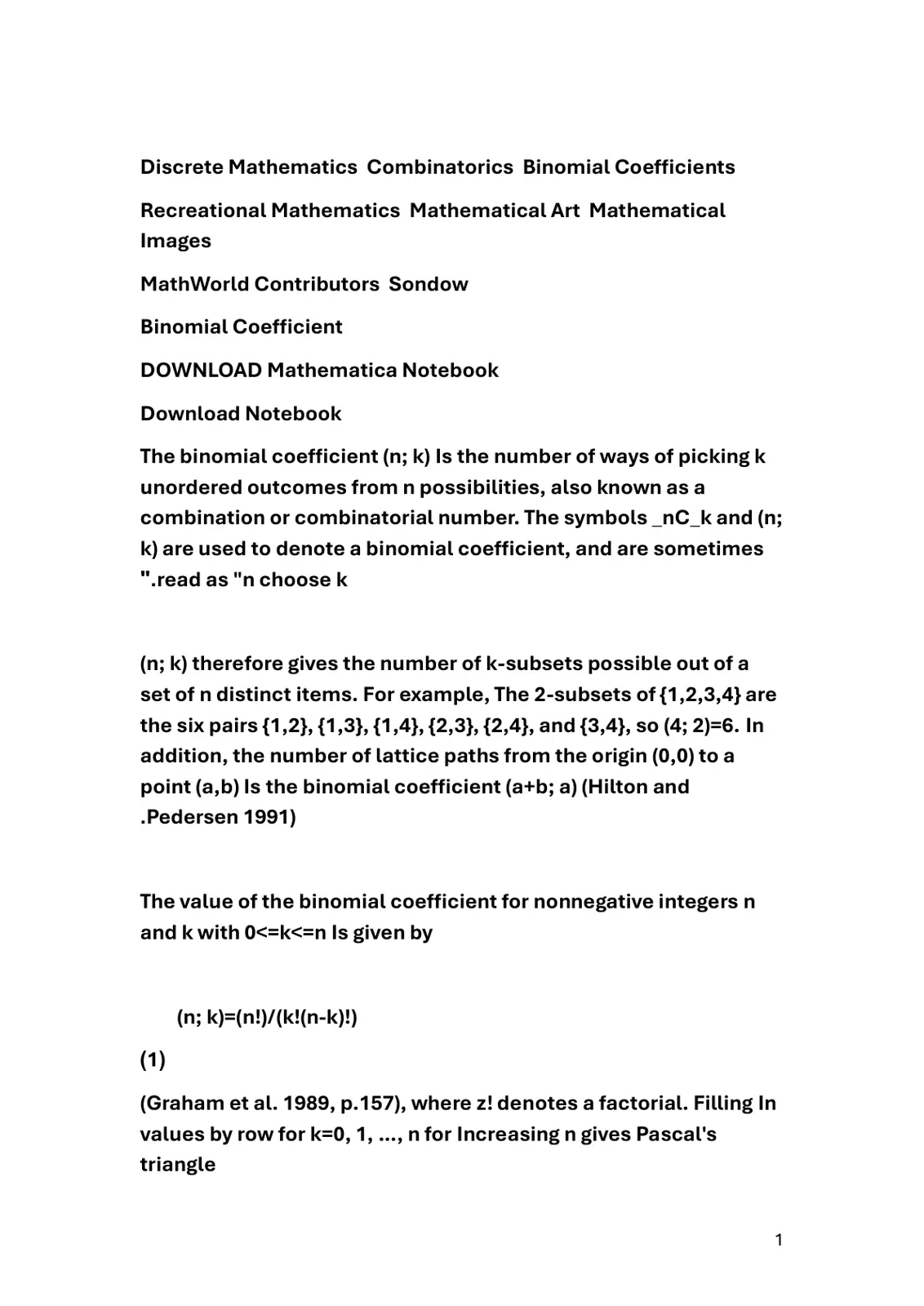 غلاف تقرير Binomial Coefficient