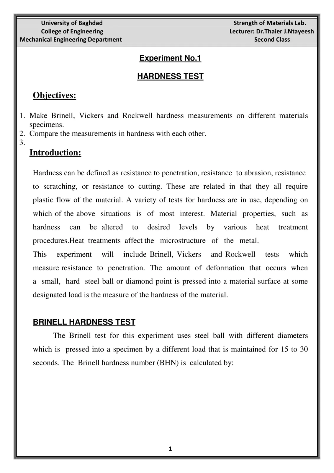 غلاف تقرير HARDNESS TEST