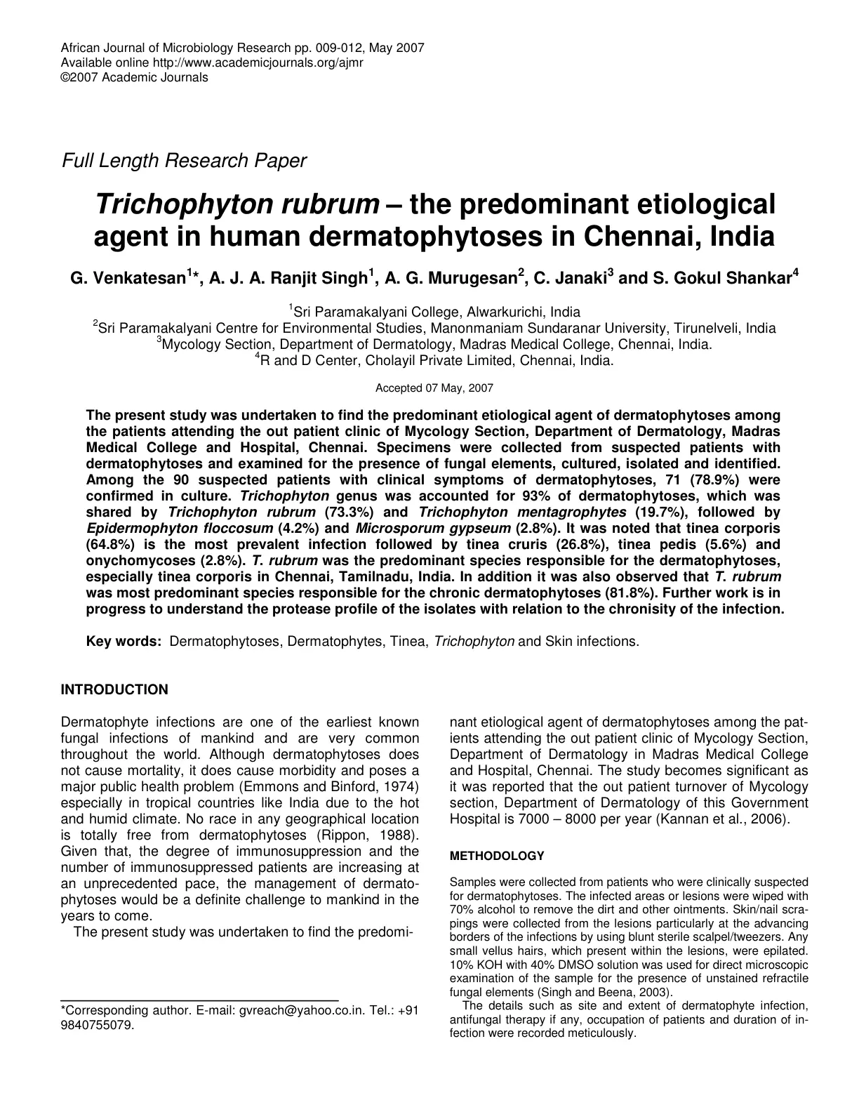 غلاف تقرير Trichophyton rubrum – the predominant etiological agent in human dermatophytoses in Chennai, India