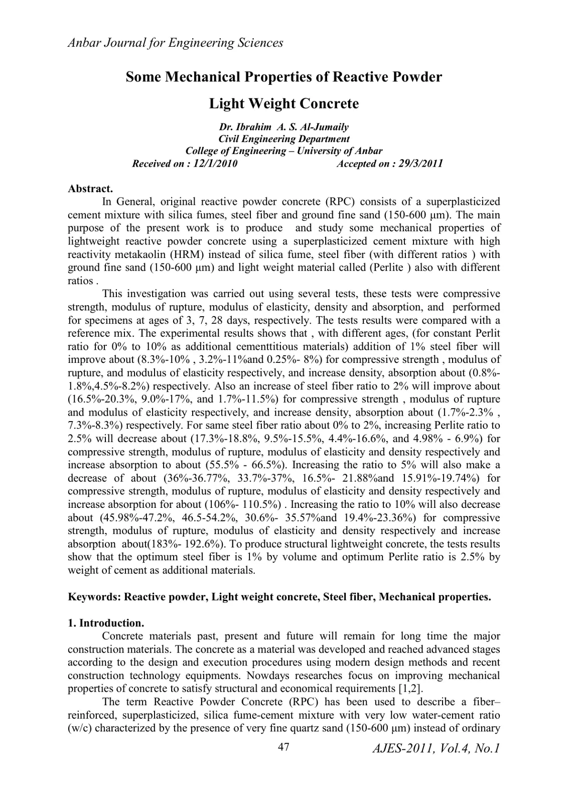 غلاف تقرير Some Mechanical Properties of Reactive Powder Light Weight Concrete