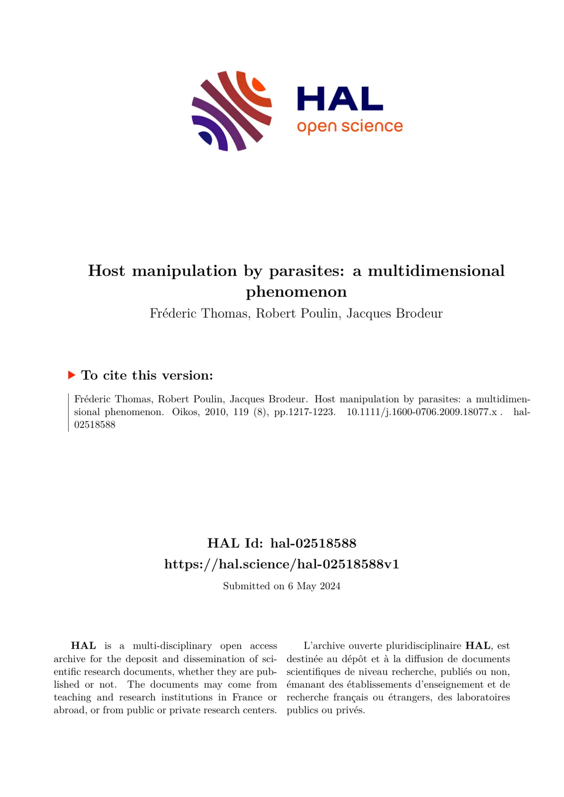 غلاف تقرير Host manipulation by parasites: a multidimensional phenomenon