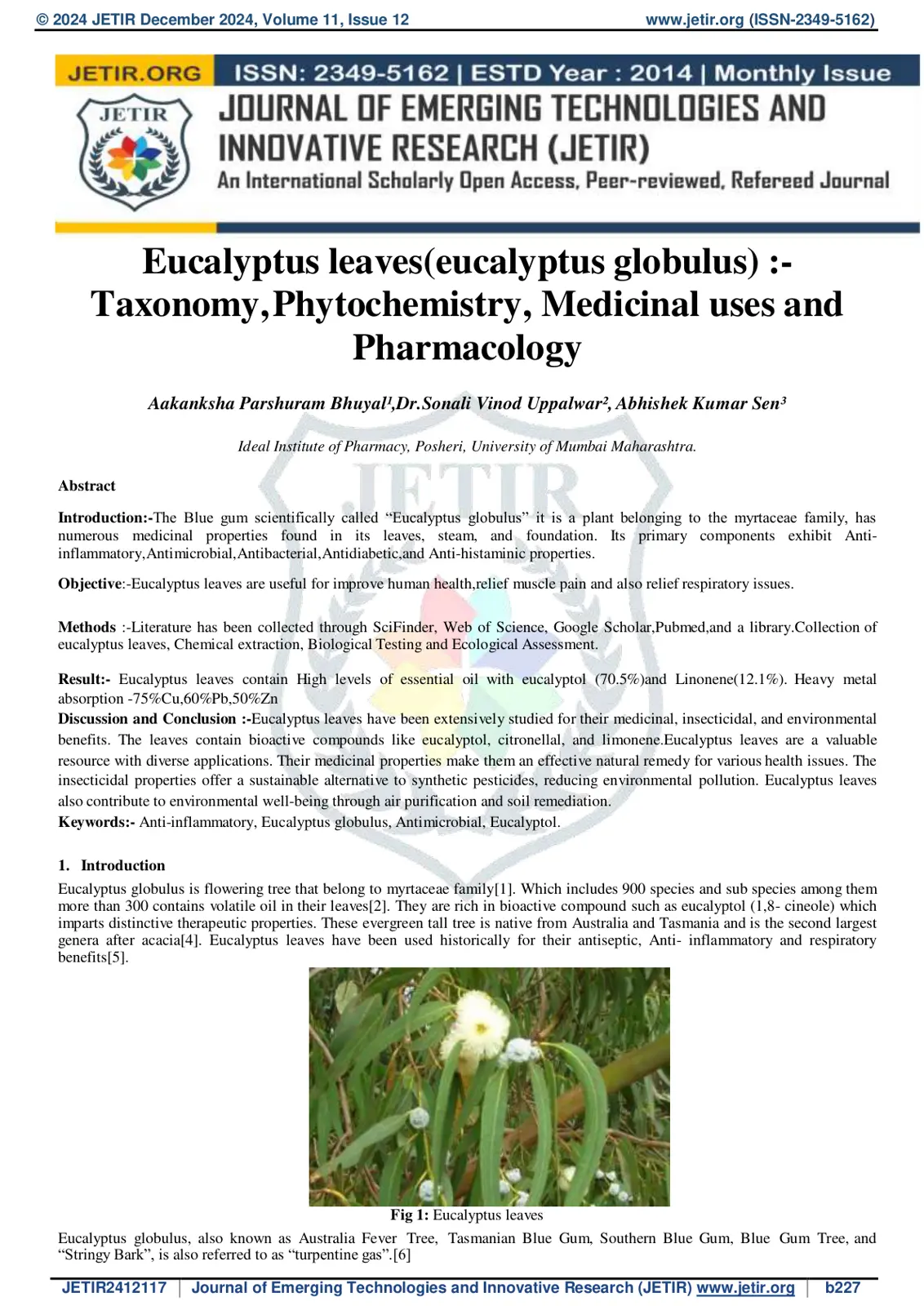 غلاف تقرير Eucalyptus leaves (eucalyptus globulus) :- Taxonomy, Phytochemistry, Medicinal uses and Pharmacology