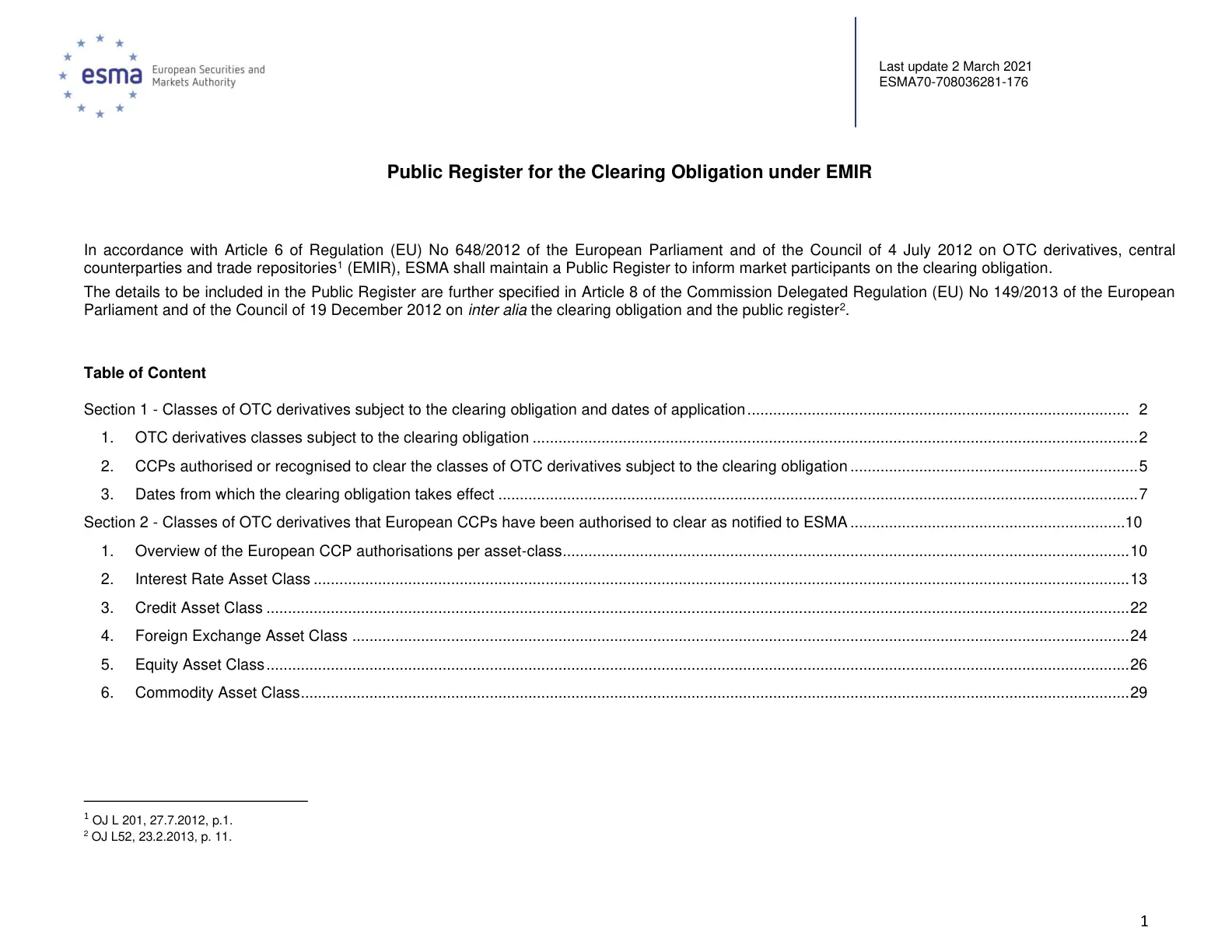 غلاف تقرير Public Register for the Clearing Obligation under EMIR