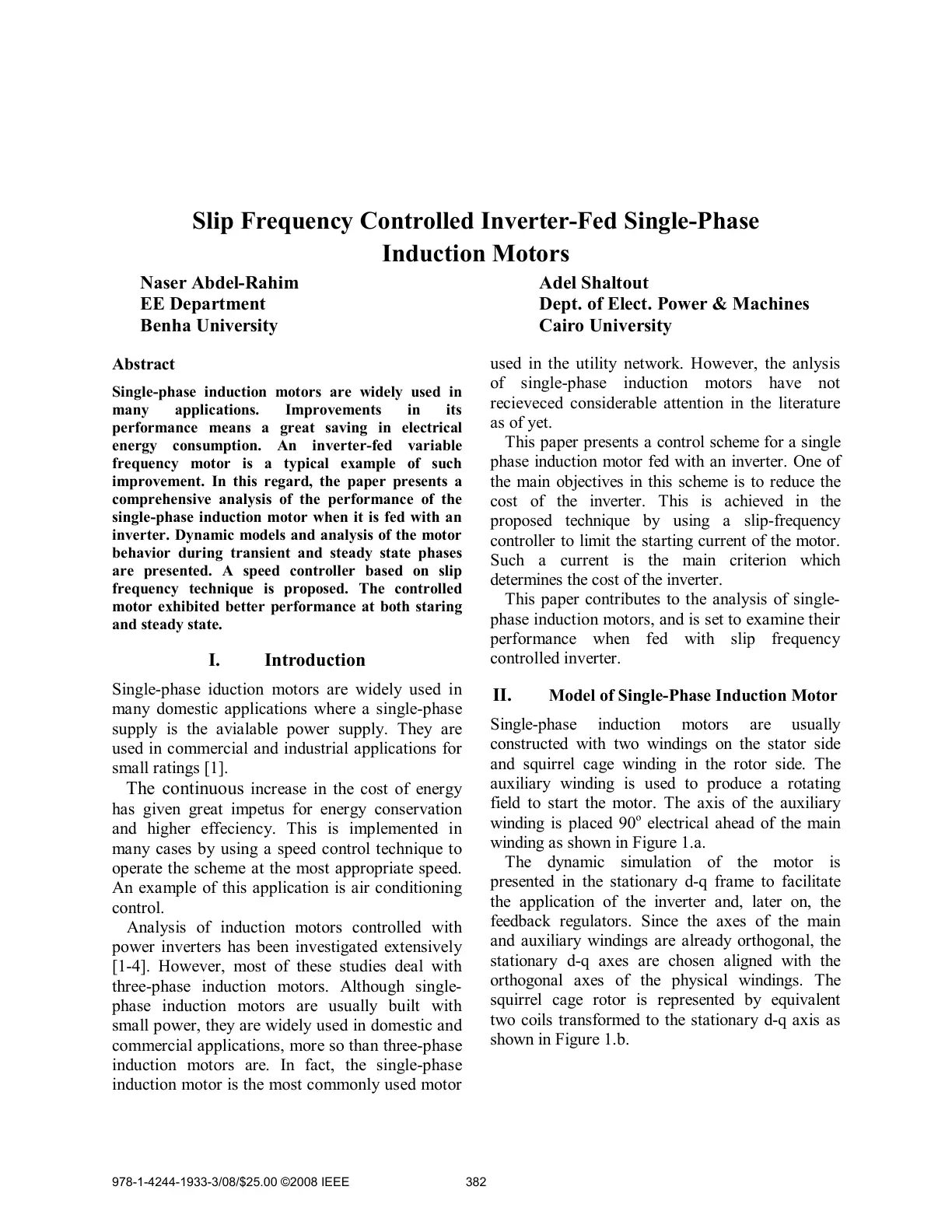 غلاف تقرير Slip Frequency Controlled Inverter-Fed Single-Phase Induction Motors