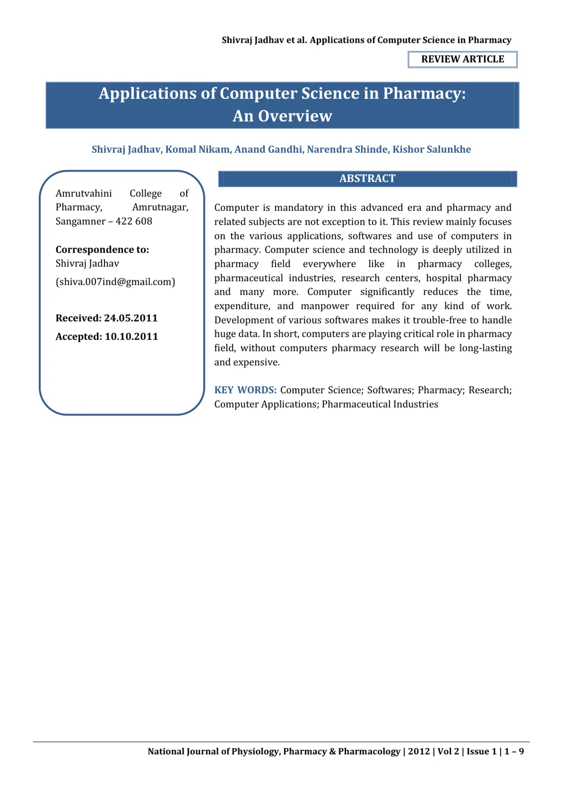 غلاف تقرير Applications of Computer Science in Pharmacy: An Overview