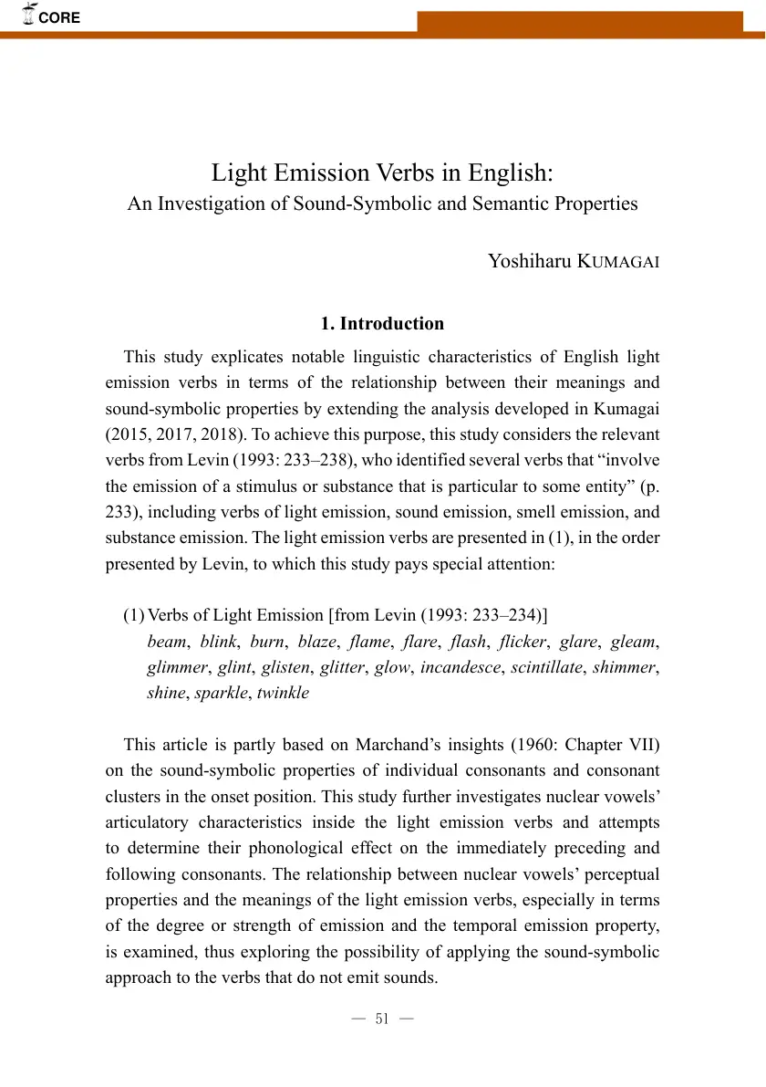 غلاف تقرير Light Emission Verbs in English: An Investigation of Sound-Symbolic and Semantic Properties
