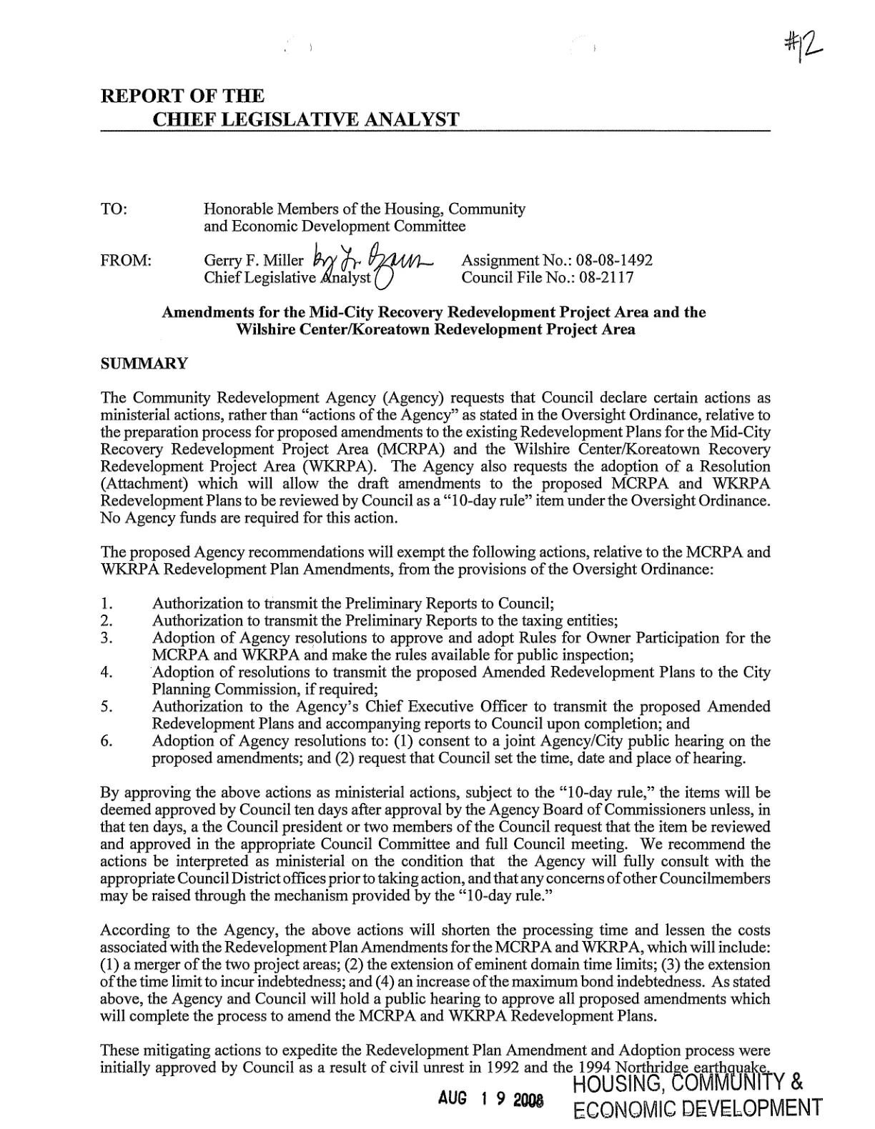 غلاف تقرير Amendments for the Mid-City Recovery Redevelopment Project Area and the Wilshire Center/Koreatown Redevelopment Project Area