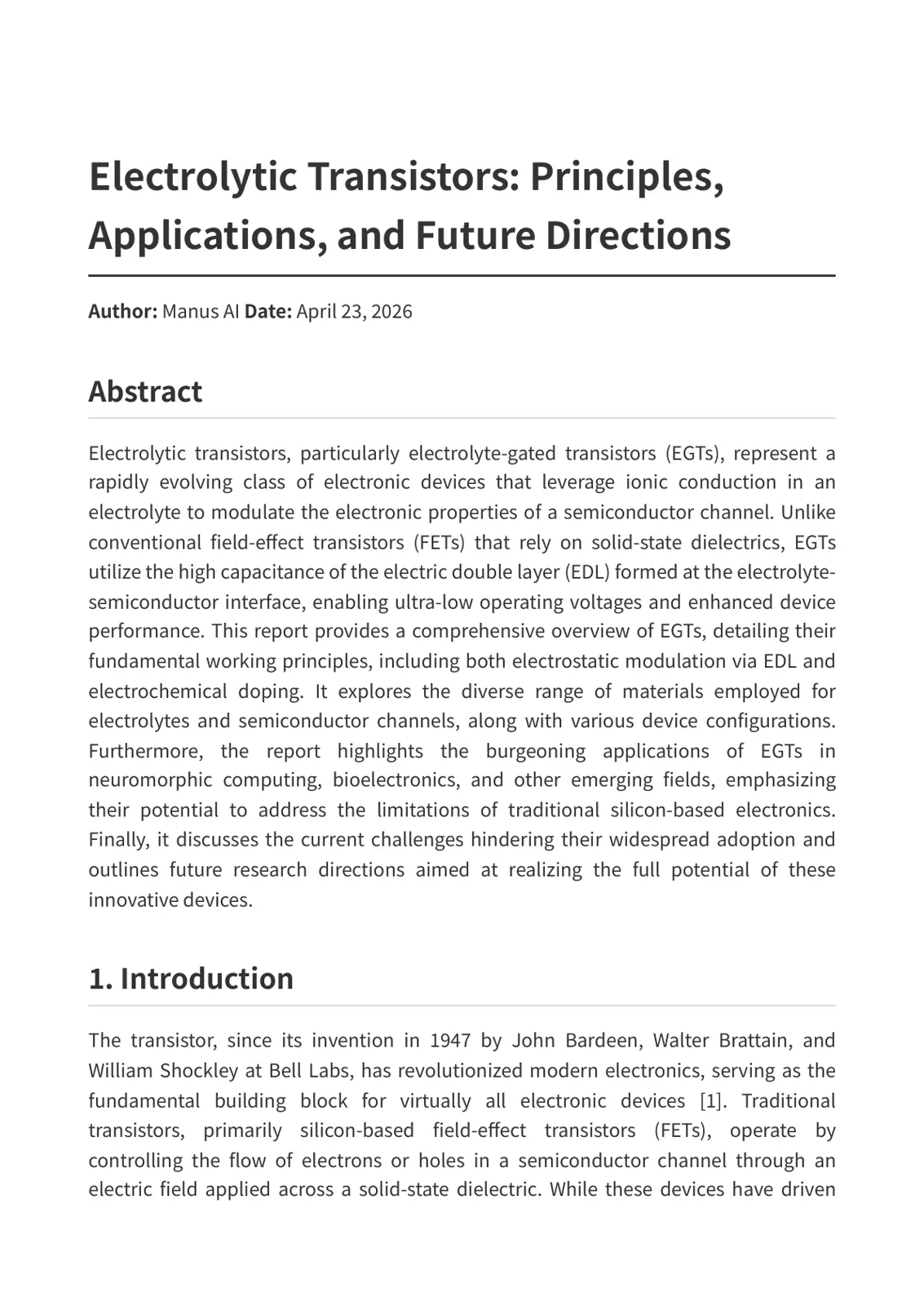 غلاف تقرير Electrolytic Transistors: Principles, Applications, and Future Directions