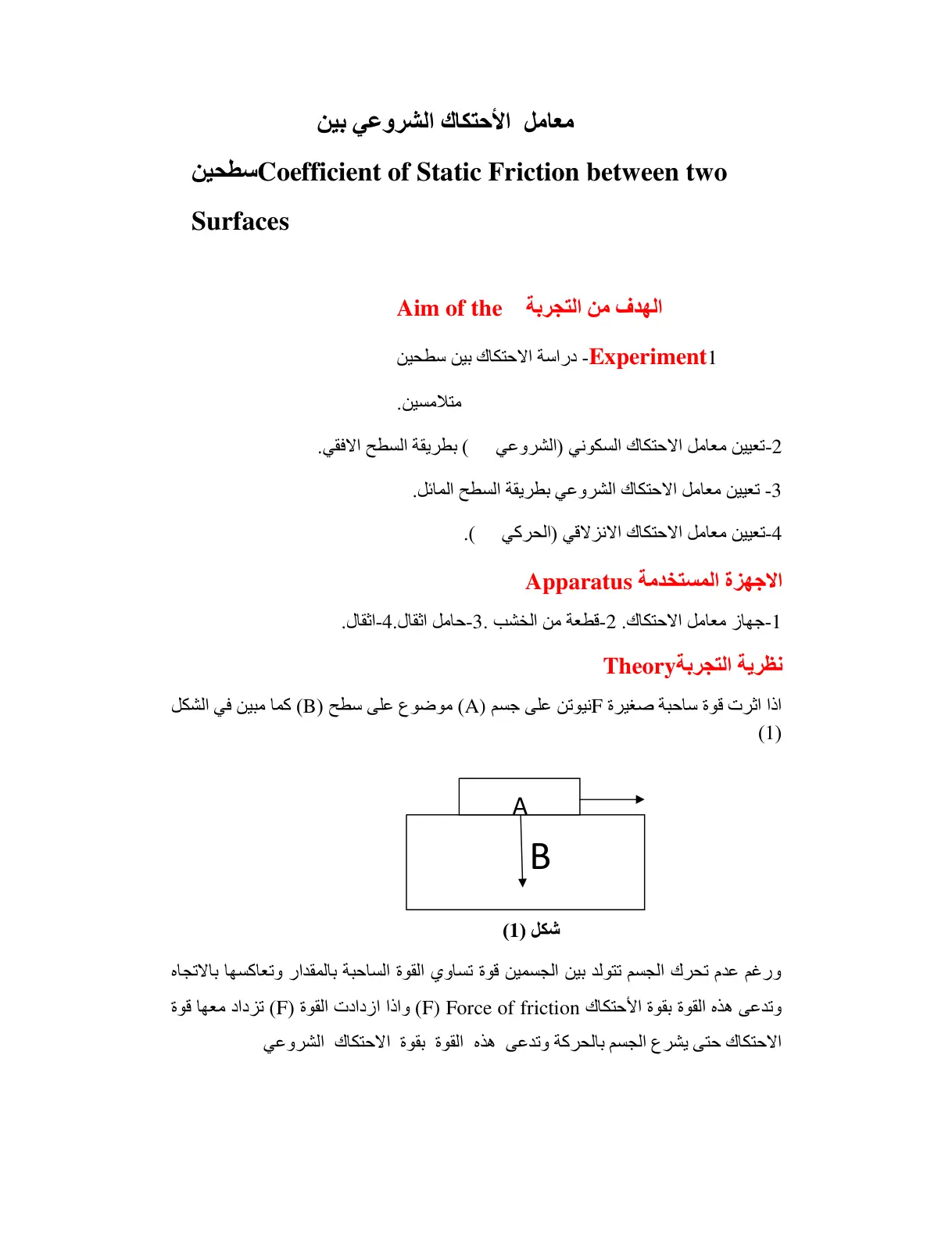 غلاف تقرير معامل الأحتكاك الشروعي بين سطحین Coefficient of Static Friction between two Surfaces