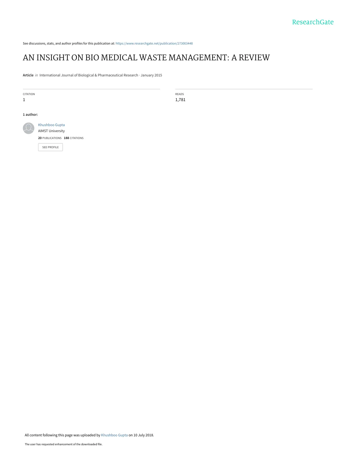 غلاف تقرير AN INSIGHT ON BIO MEDICAL WASTE MANAGEMENT: A REVIEW