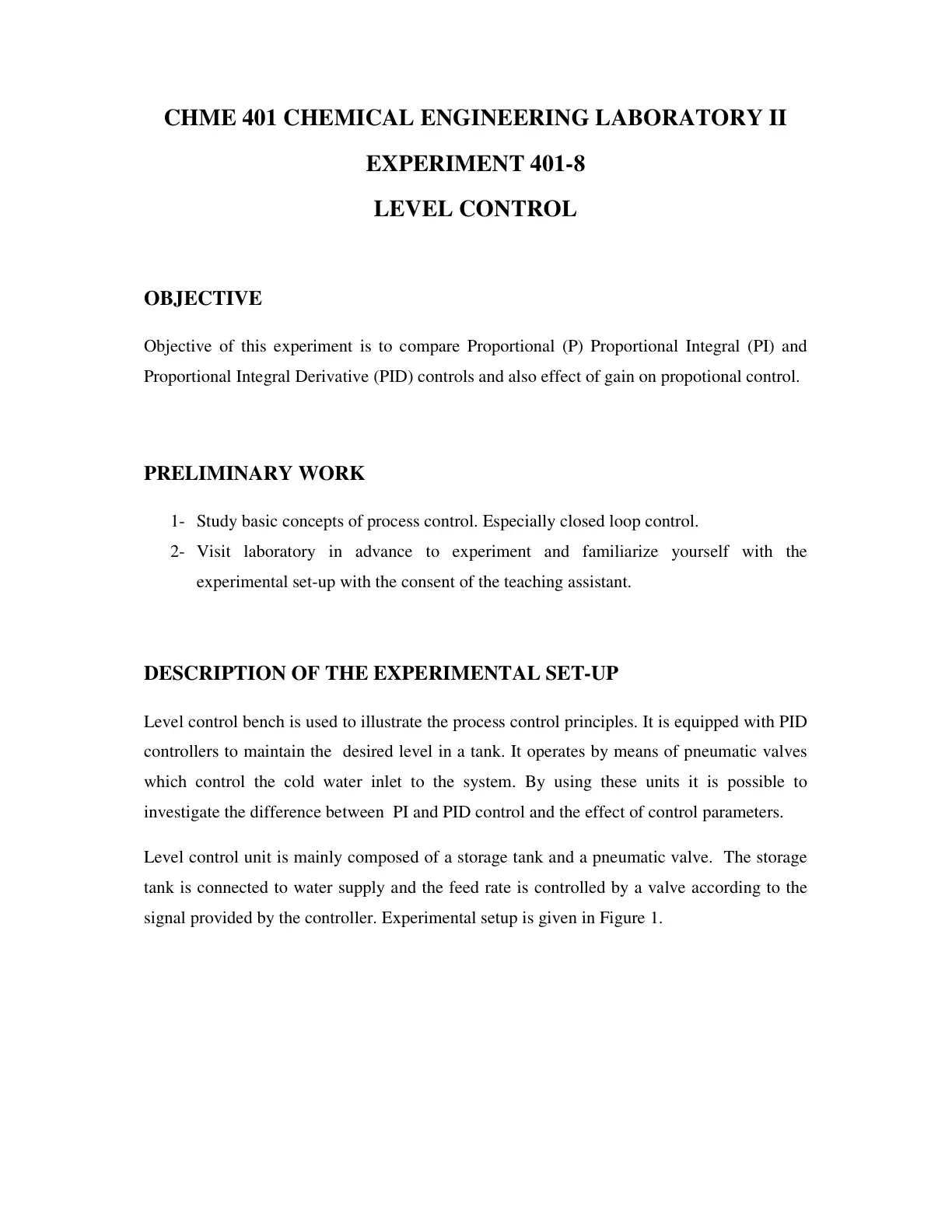غلاف تقرير CHME 401 Chemical Engineering Laboratory II Experiment 401-8 Level Control