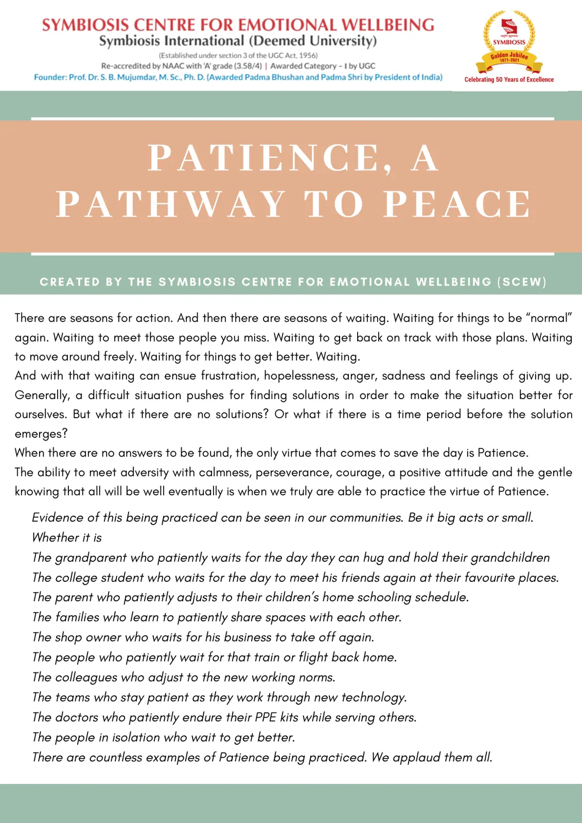 غلاف تقرير PATIENCE, A PATHWAY TO PEACE