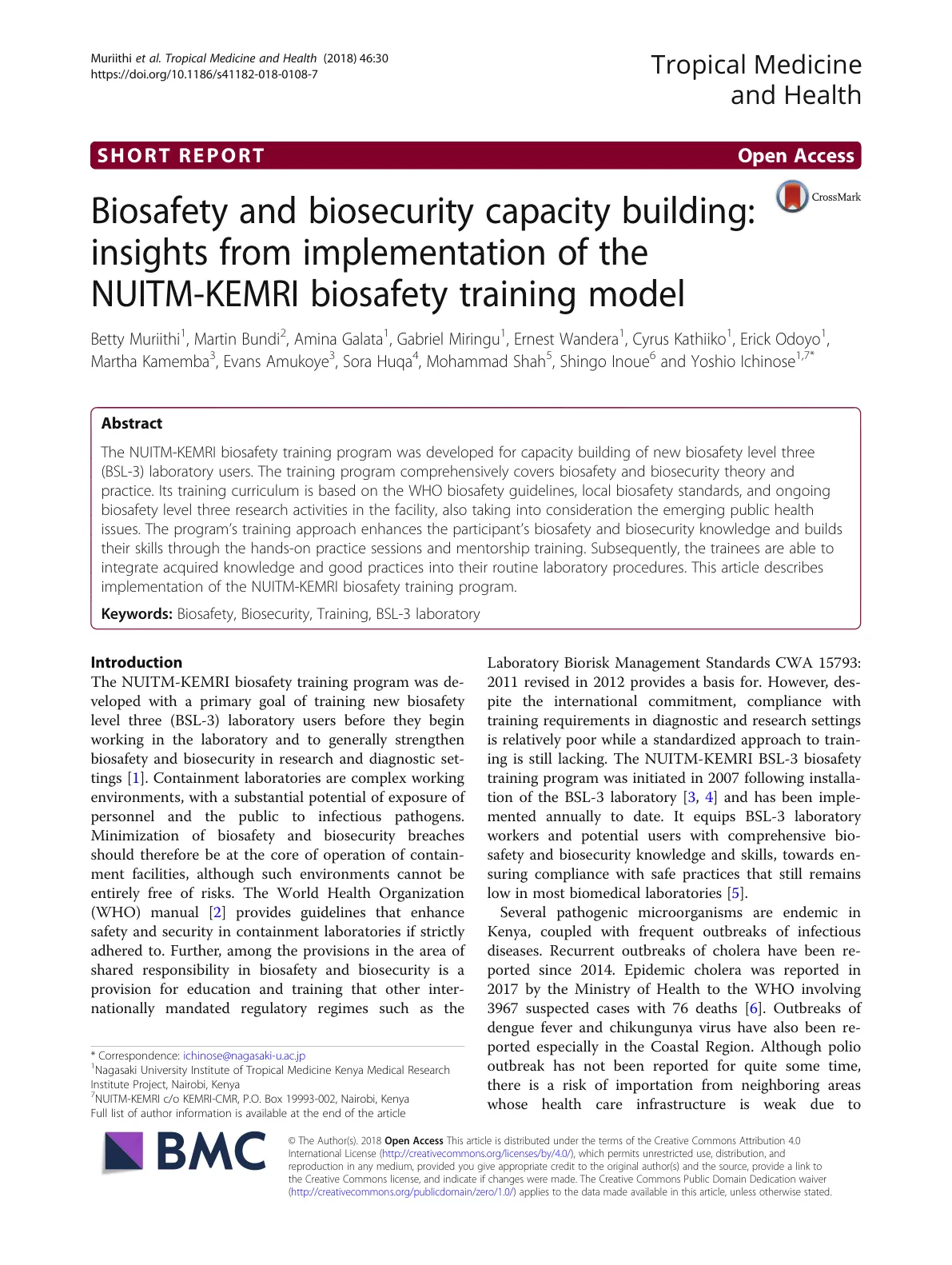 غلاف تقرير Biosafety and biosecurity capacity building: insights from implementation of the NUITM-KEMRI biosafety training model