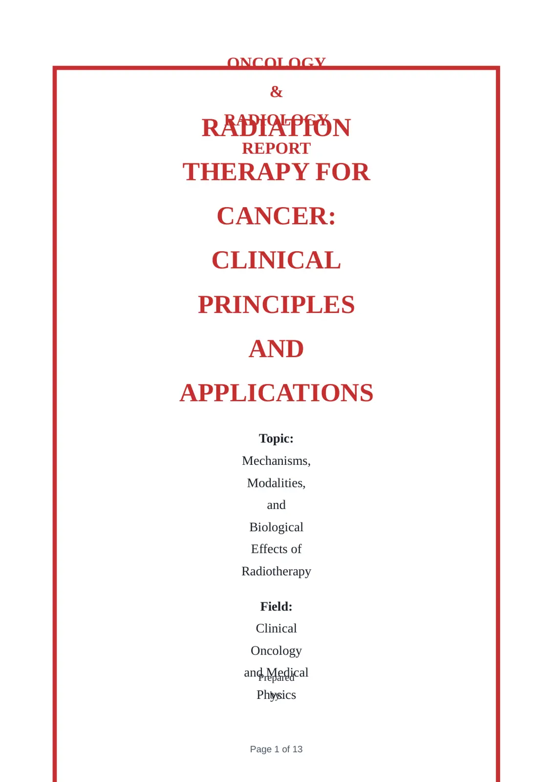 غلاف تقرير Oncology & Radiation Therapy for Cancer: Clinical Principles and Applications