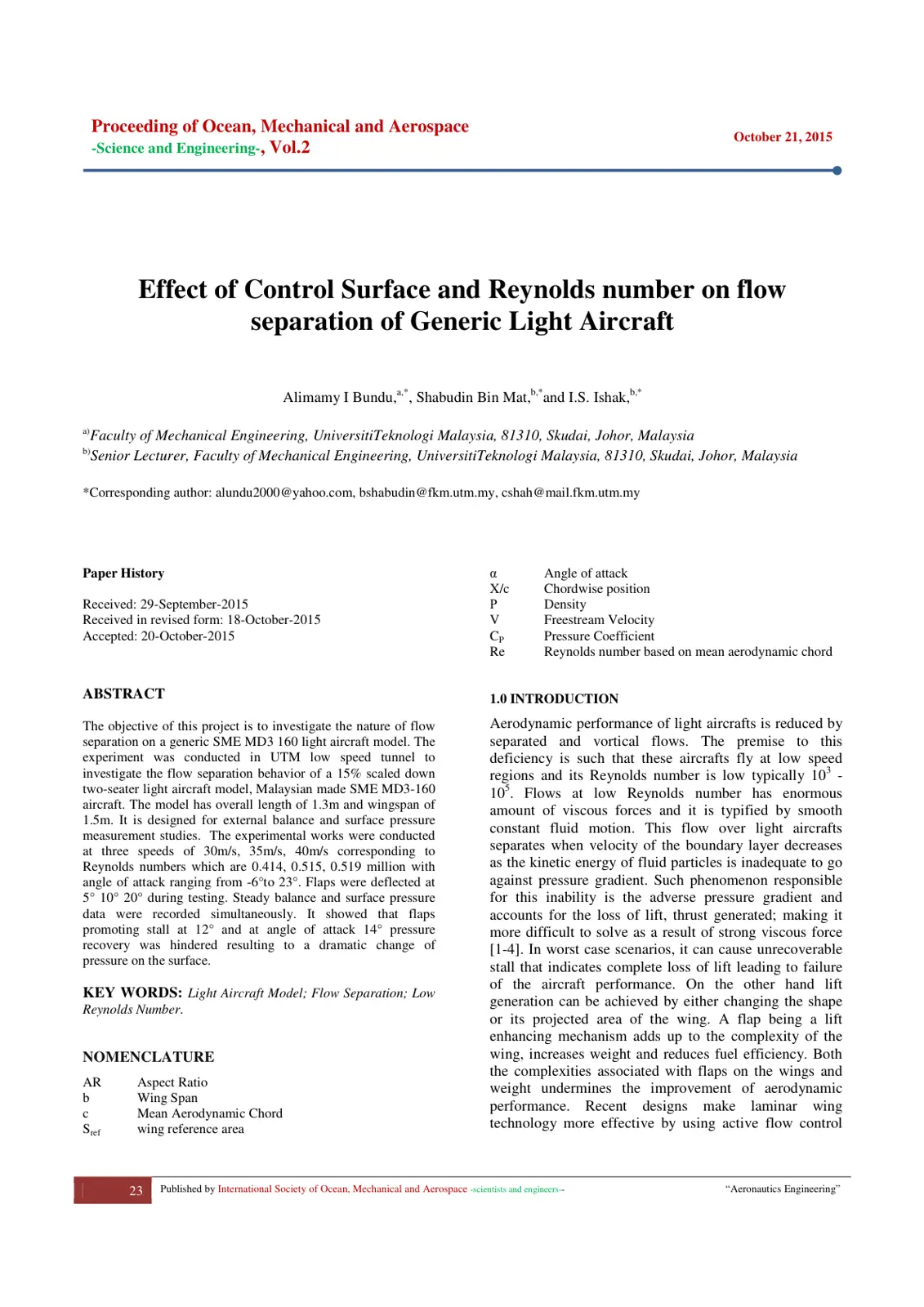 غلاف تقرير Effect of Control Surface and Reynolds number on flow separation of Generic Light Aircraft