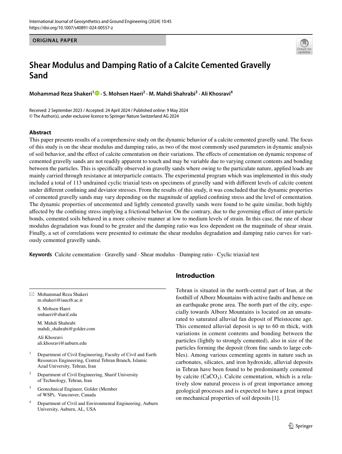 غلاف تقرير Shear Modulus and Damping Ratio of a Calcite Cemented Gravelly Sand