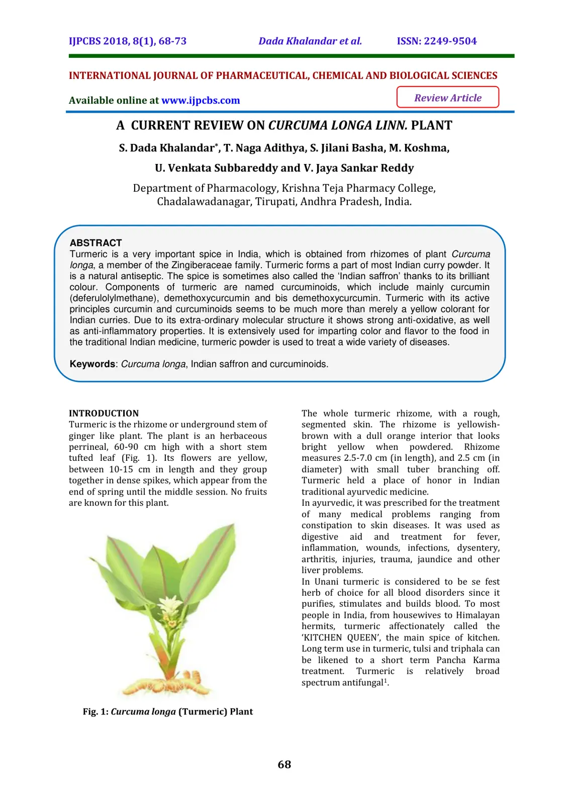 غلاف تقرير A Current Review on Curcuma longa Linn. Plant