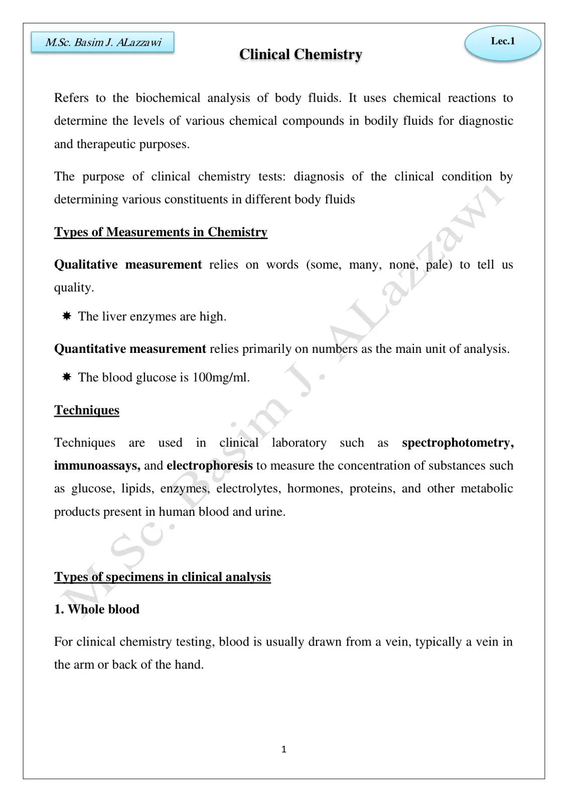 غلاف تقرير Clinical Chemistry Lec.1