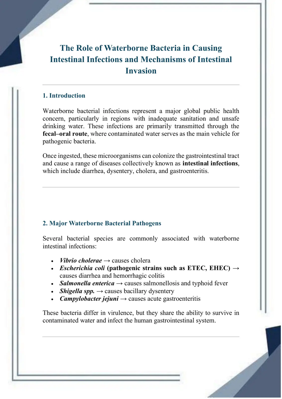 غلاف تقرير The Role of Waterborne Bacteria in Causing Intestinal Infections and Mechanisms of Intestinal Invasion