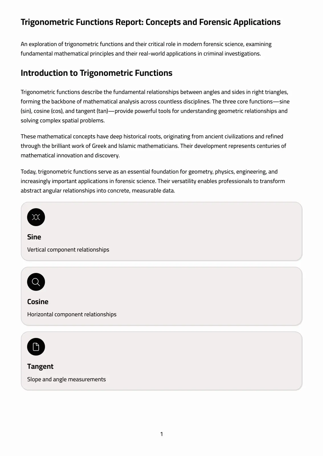 غلاف تقرير Trigonometric Functions Report: Concepts and Forensic Applications